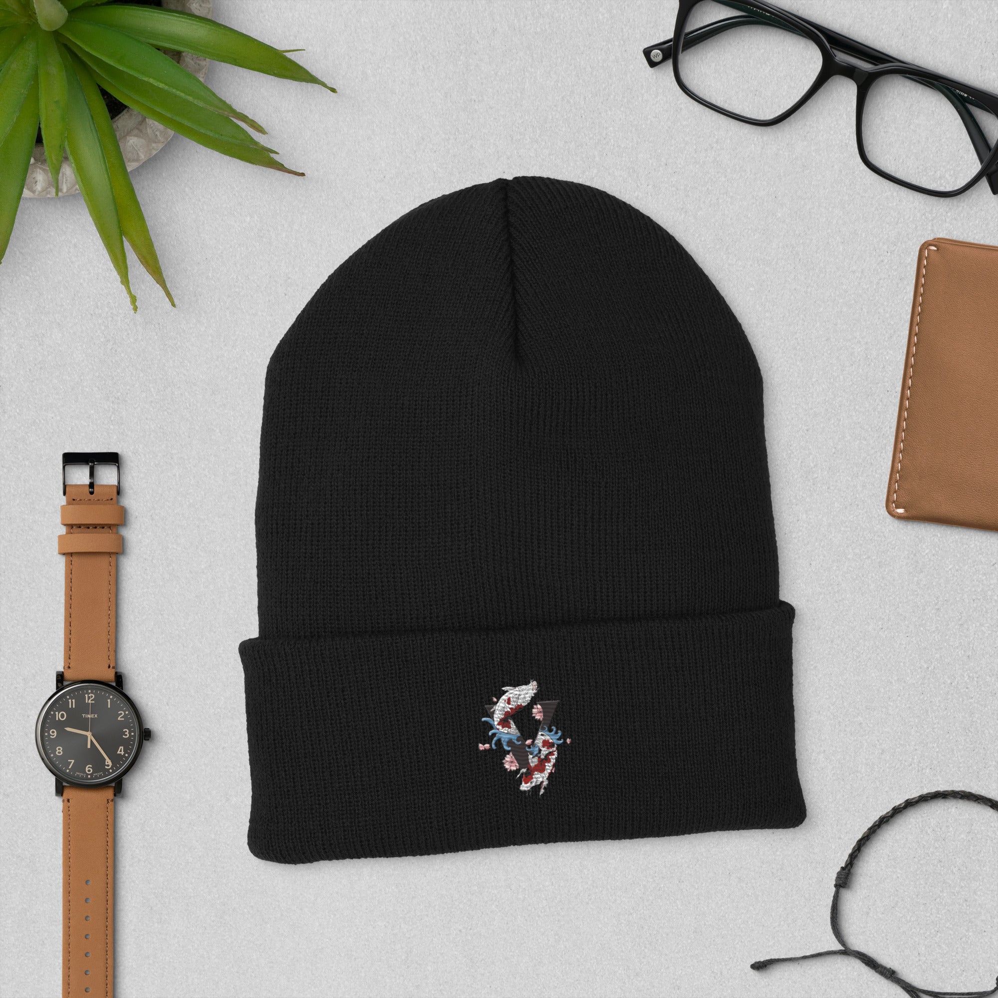 Bonnet noir à revert broder design koi Japon