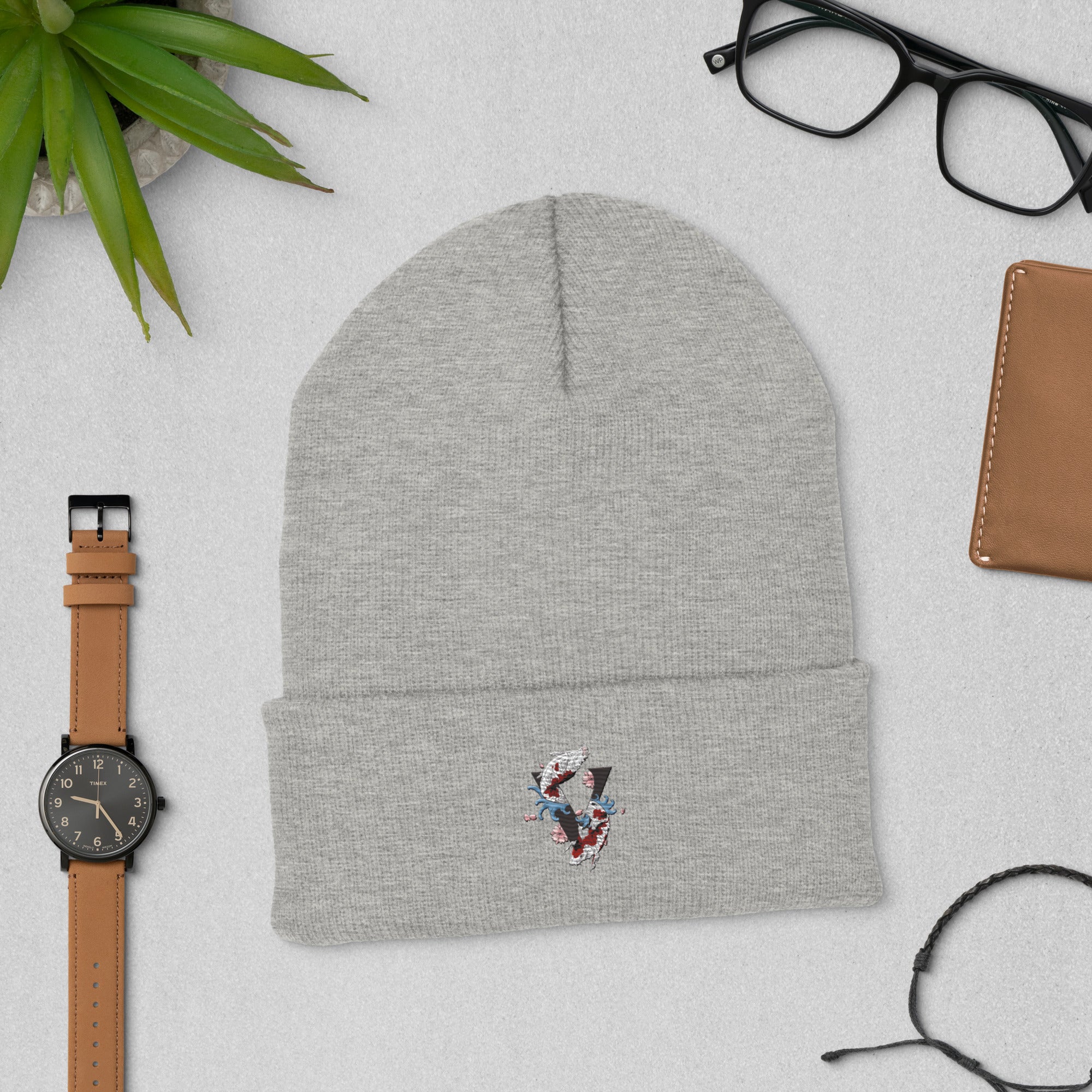 Bonnet gris à revert broder design koi Japon