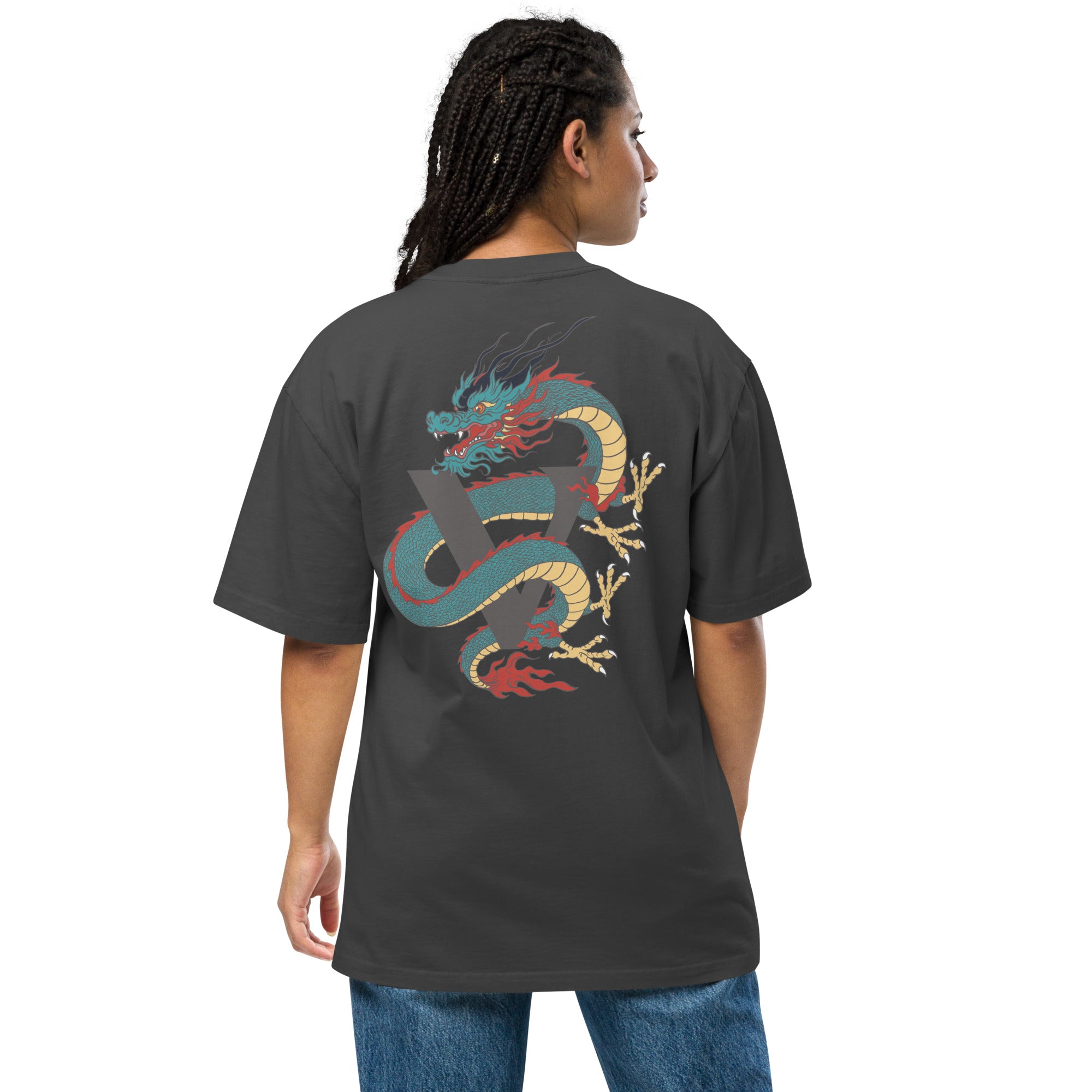 T-shirt over size noir, avec design dragon, Japon