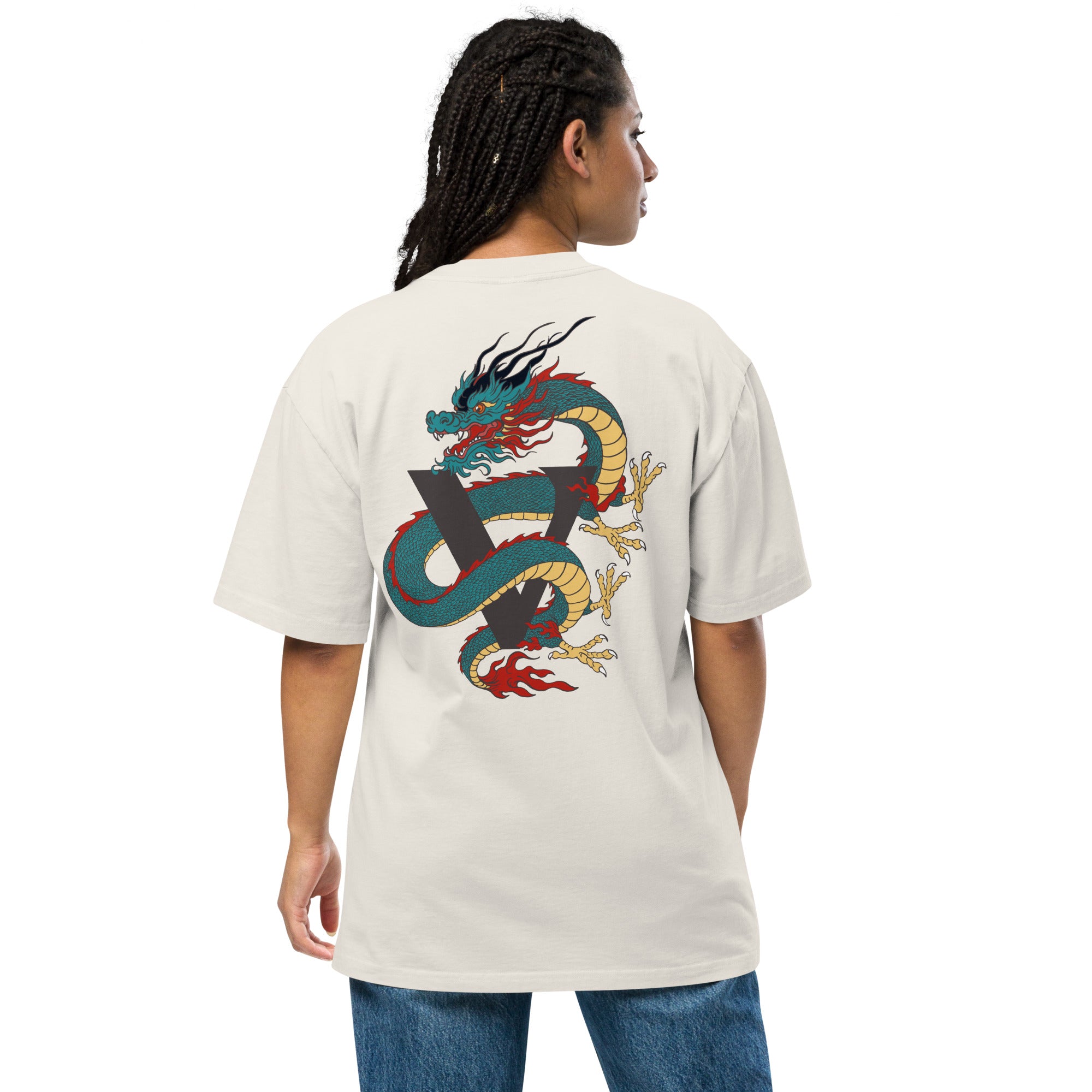 T-shirt over size blanc craie, avec design dragon, Japon