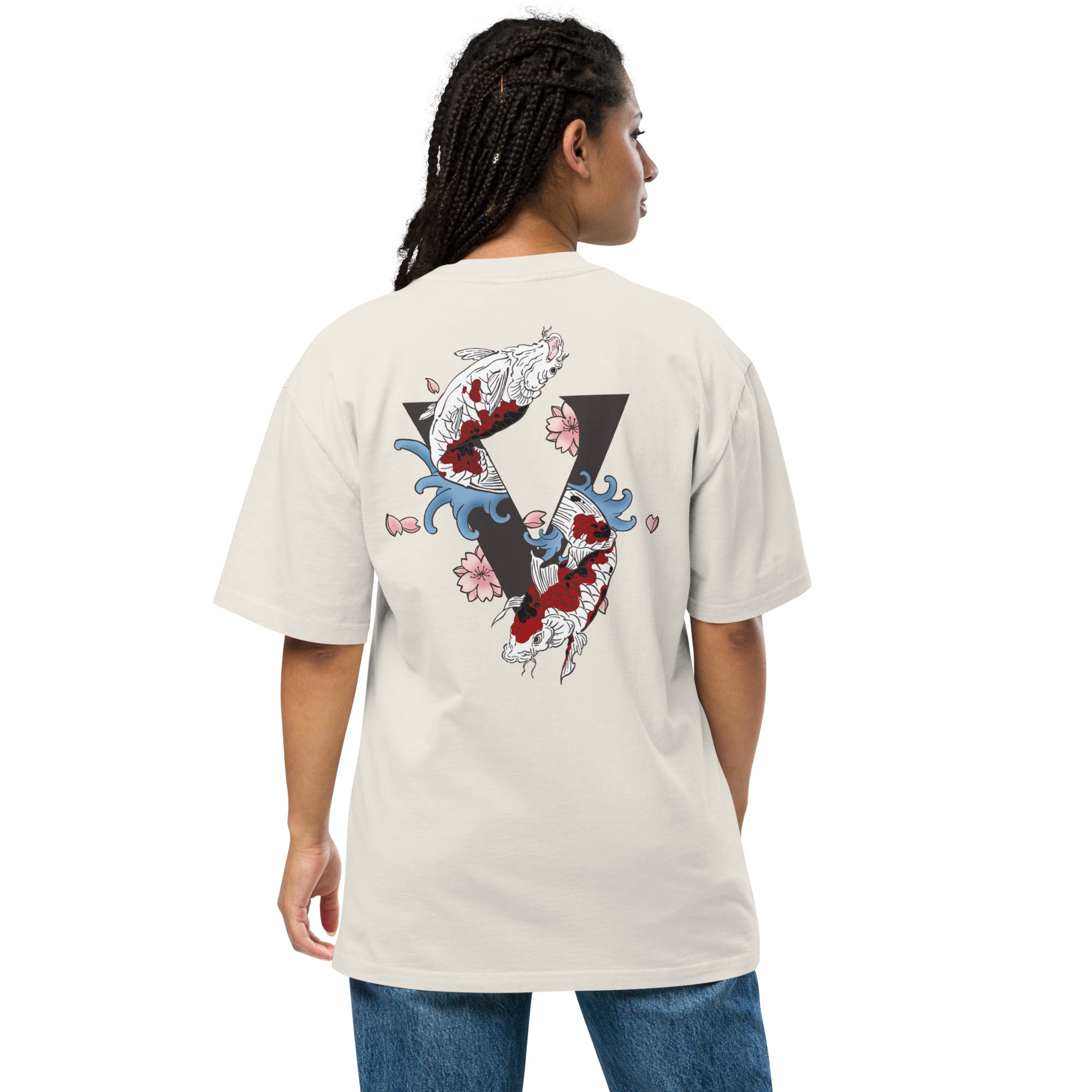 T-shirt over size blanc craie, avec design Koi, Japon