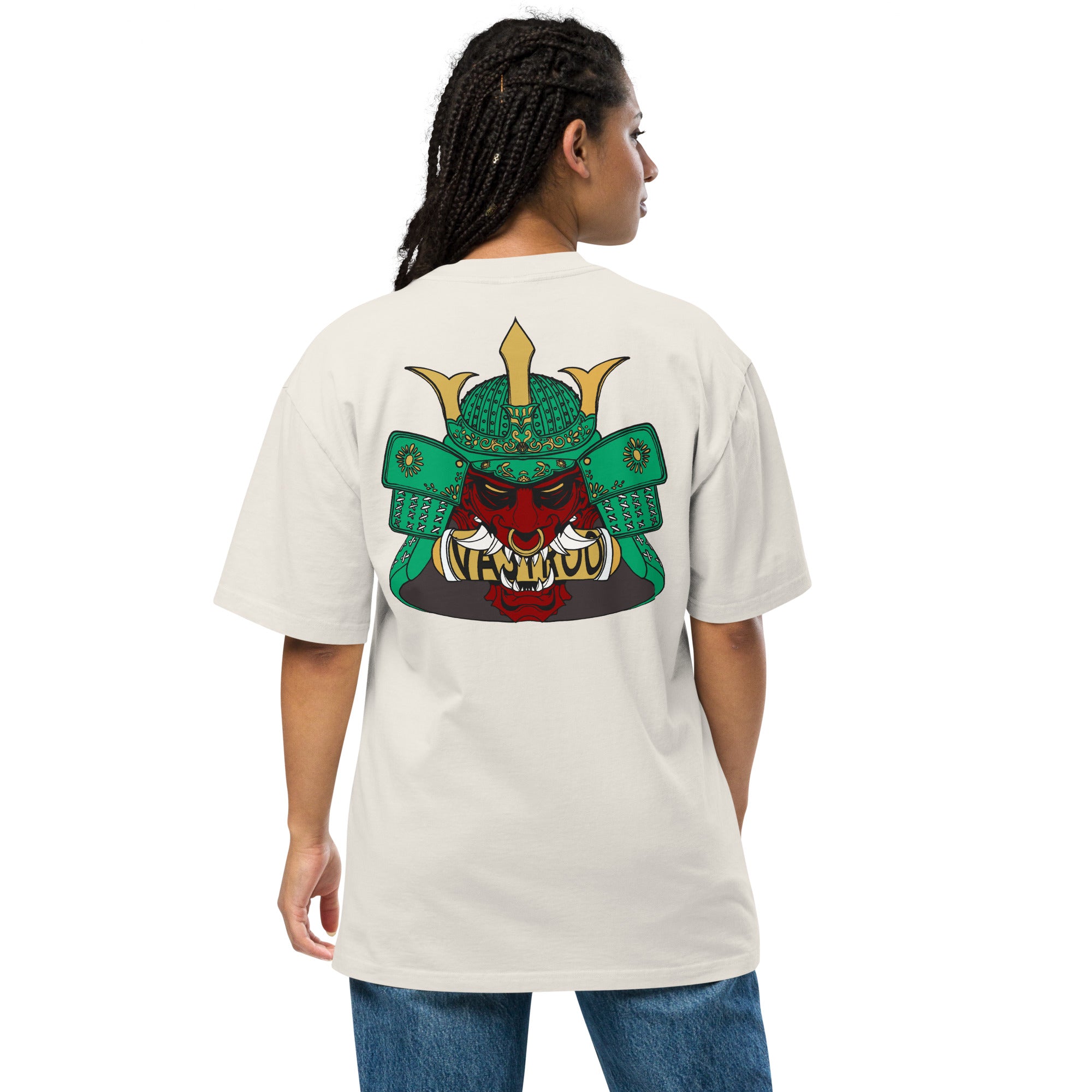 T-shirt over size blanc craie avec design oni samouraï, Japon