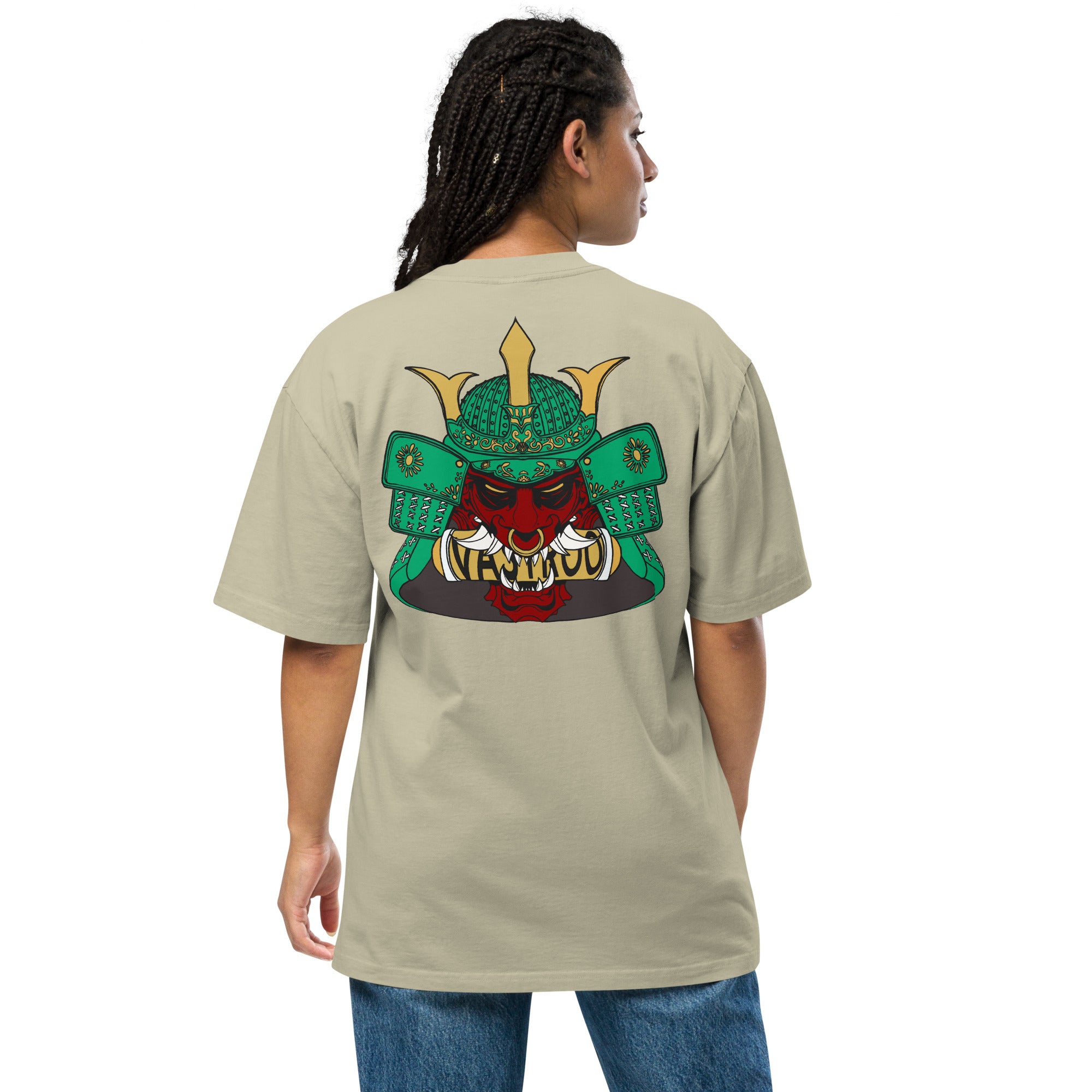 T-shirt over size vert eucalyptus avec design oni samouraï, Japon