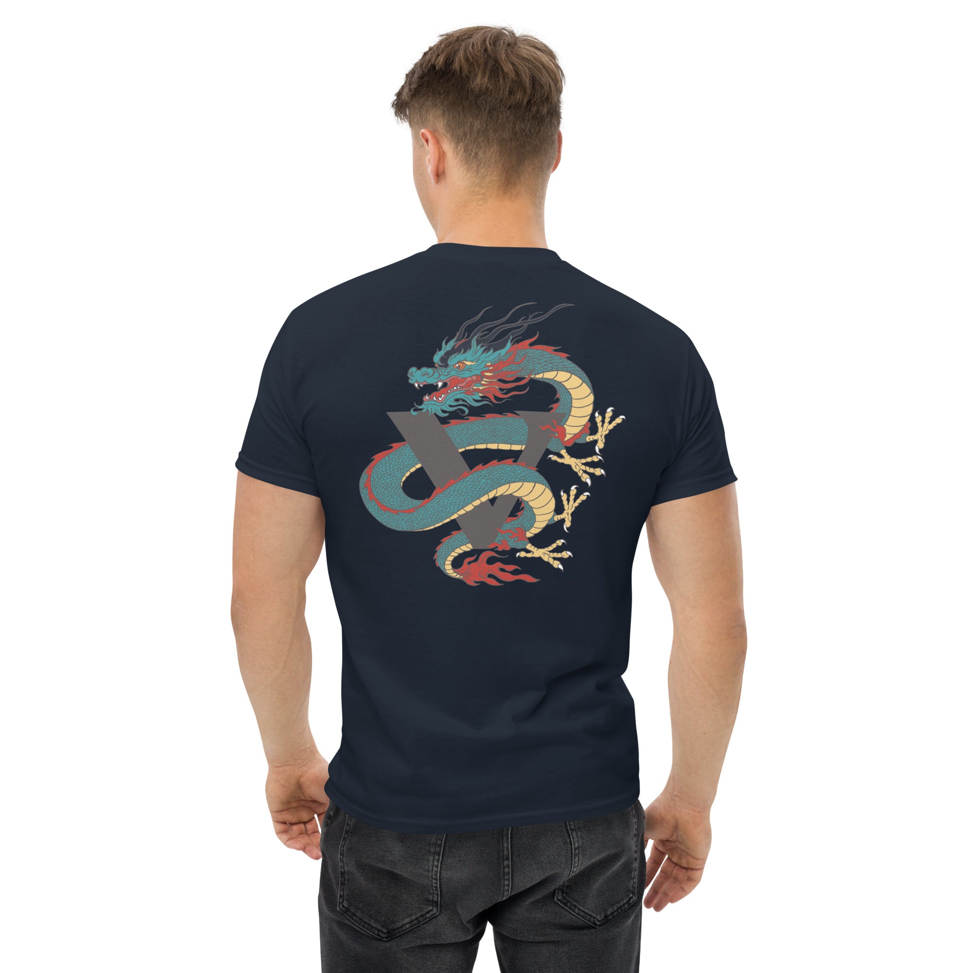 T-shirt bleu marine, coupe standard unisexe, design dragon Japon