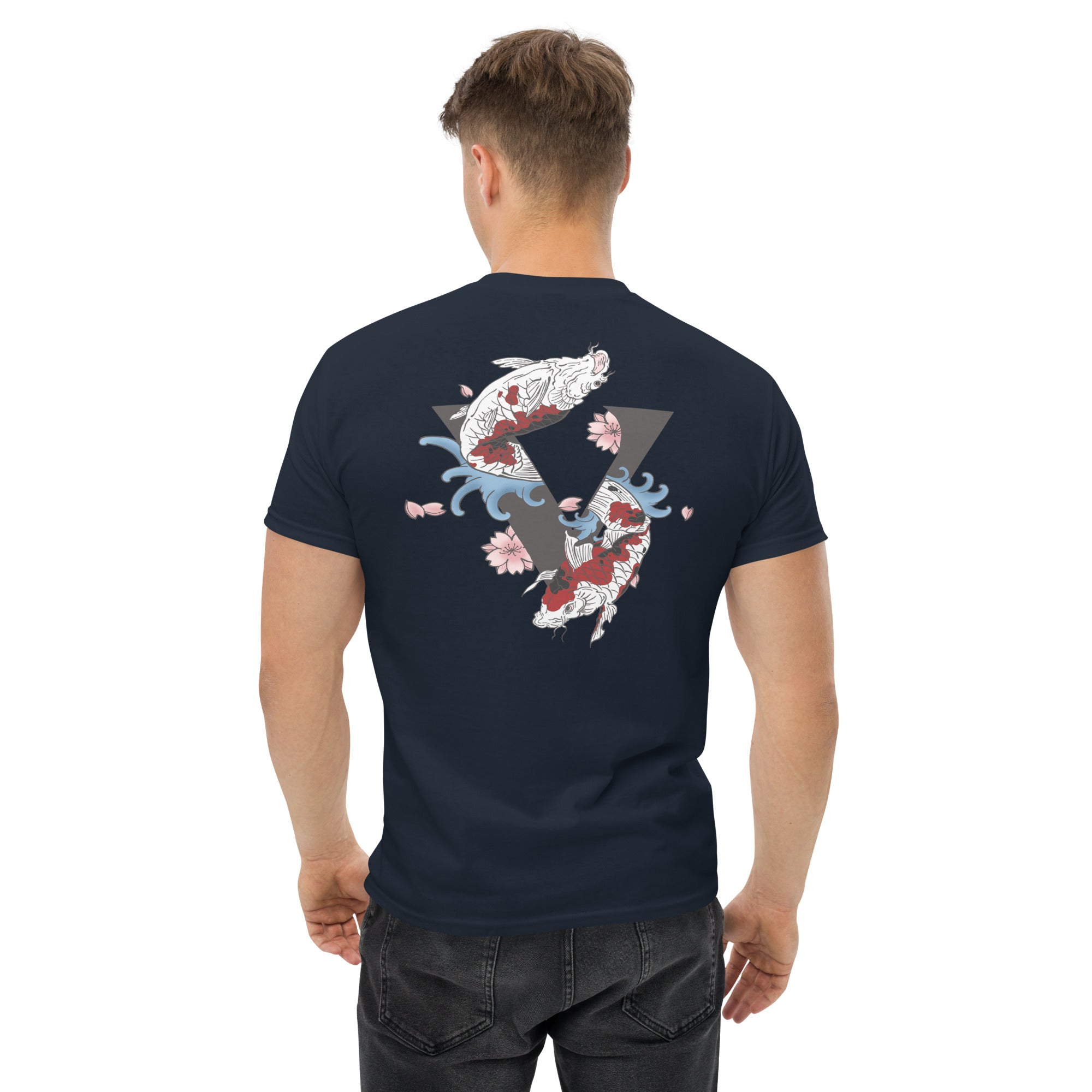 T-shirt bleu marine, coupe standard unisexe, design koï Japon