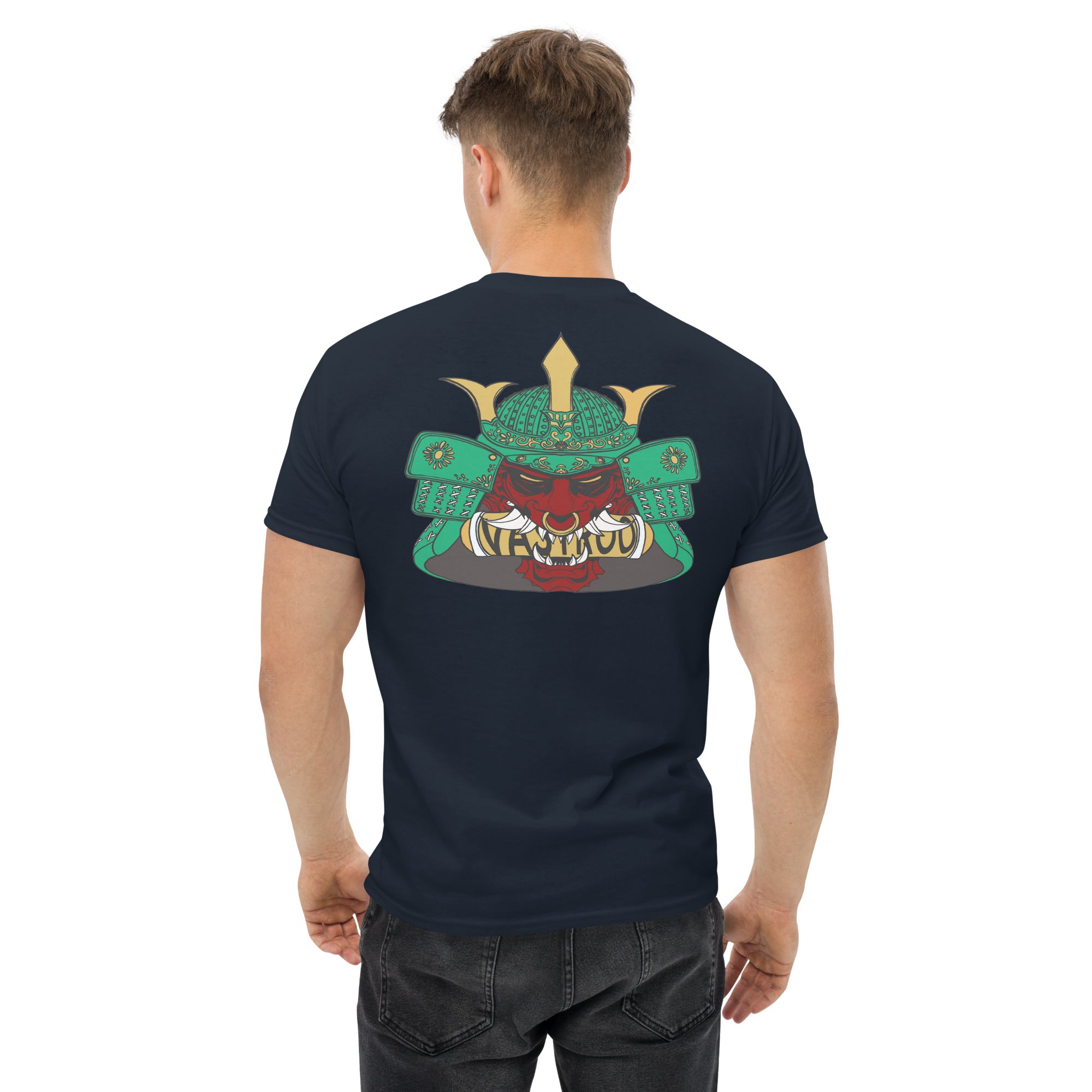 T-shirt bleu marine, coupe standard unisexe, design oni samouraï Japon