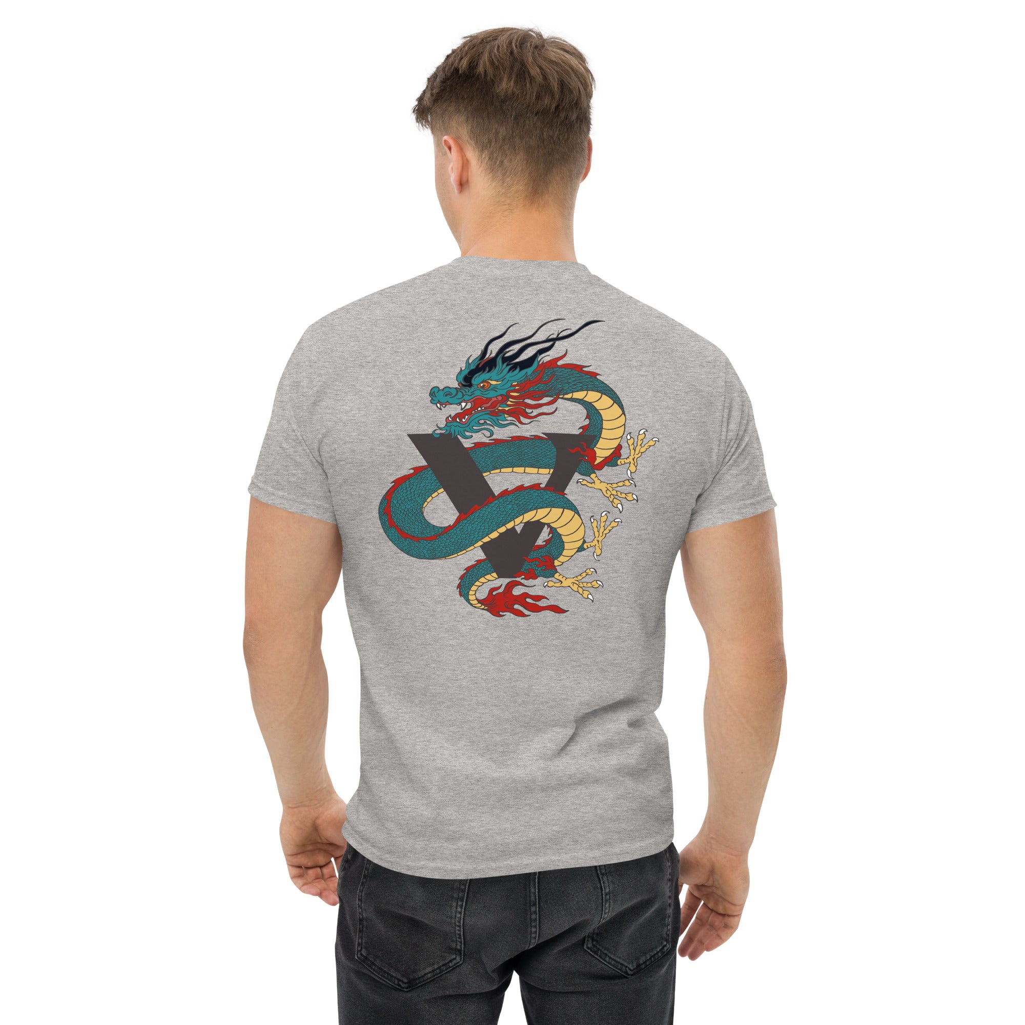 T-shirt gris délavé, coupe standard unisexe, design dragon Japon