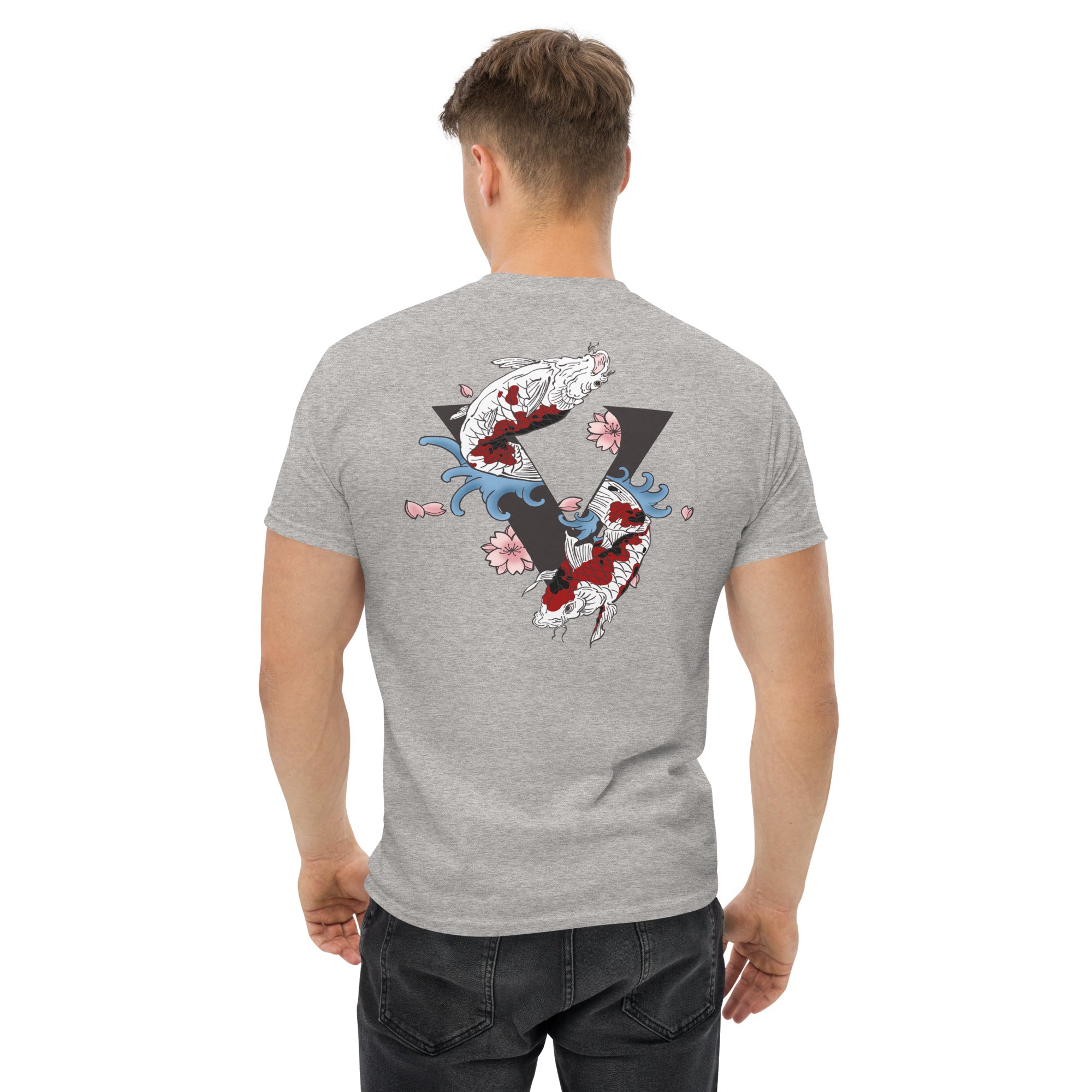T-shirt gris délavé, coupe standard unisexe, design koï Japon