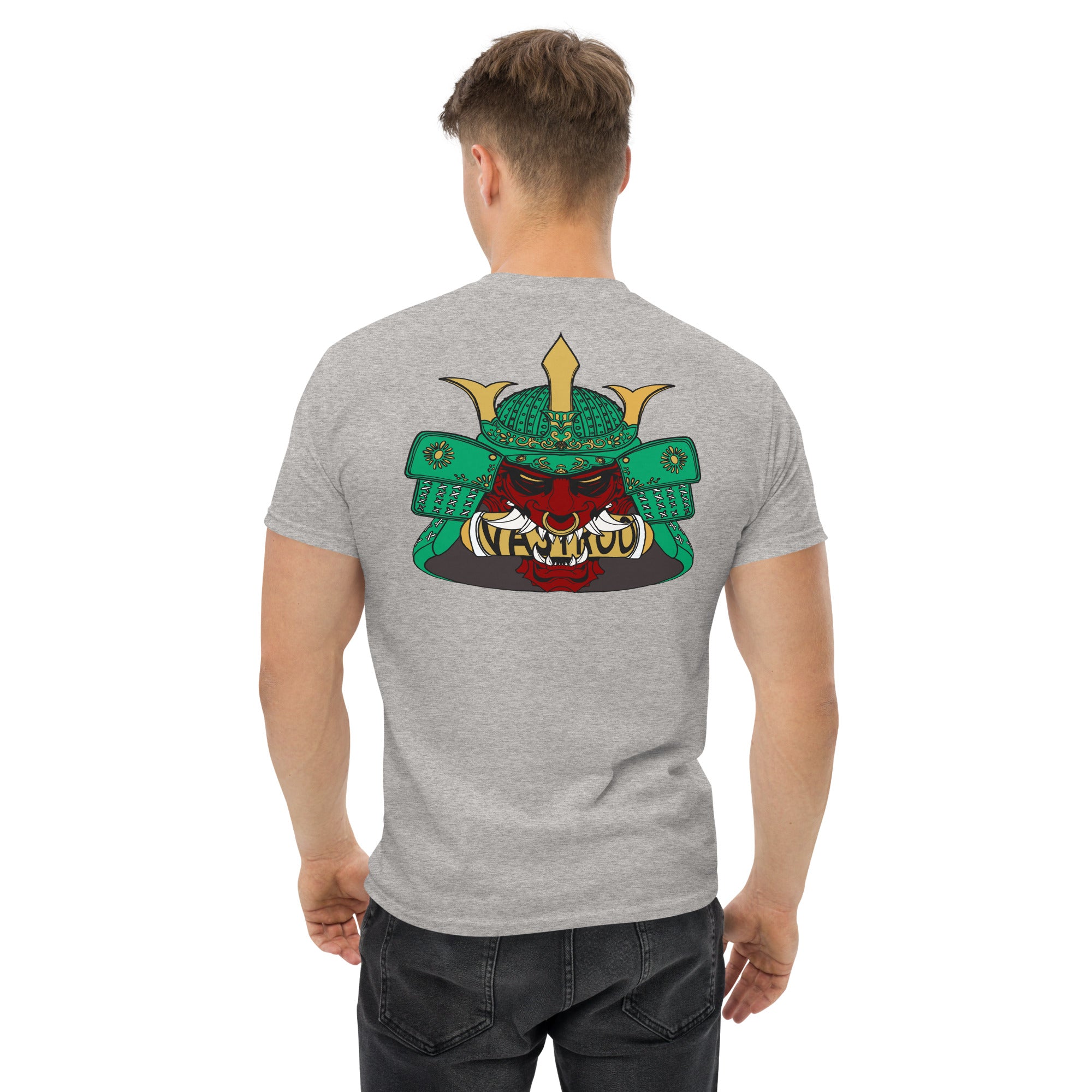 T-shirt gris clair, coupe standard unisexe, design oni samouraï Japon