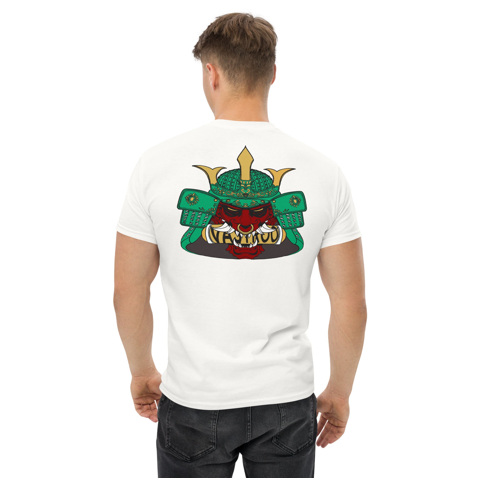 T-shirt blanc, coupe standard unisexe, design oni samouraï Japon