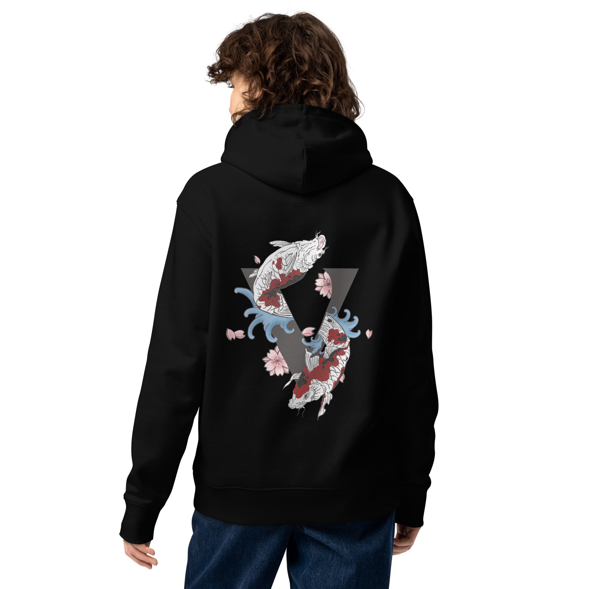 Sweat à capuche noir épais avec poche, kangourou, finition, premium design koi japonais