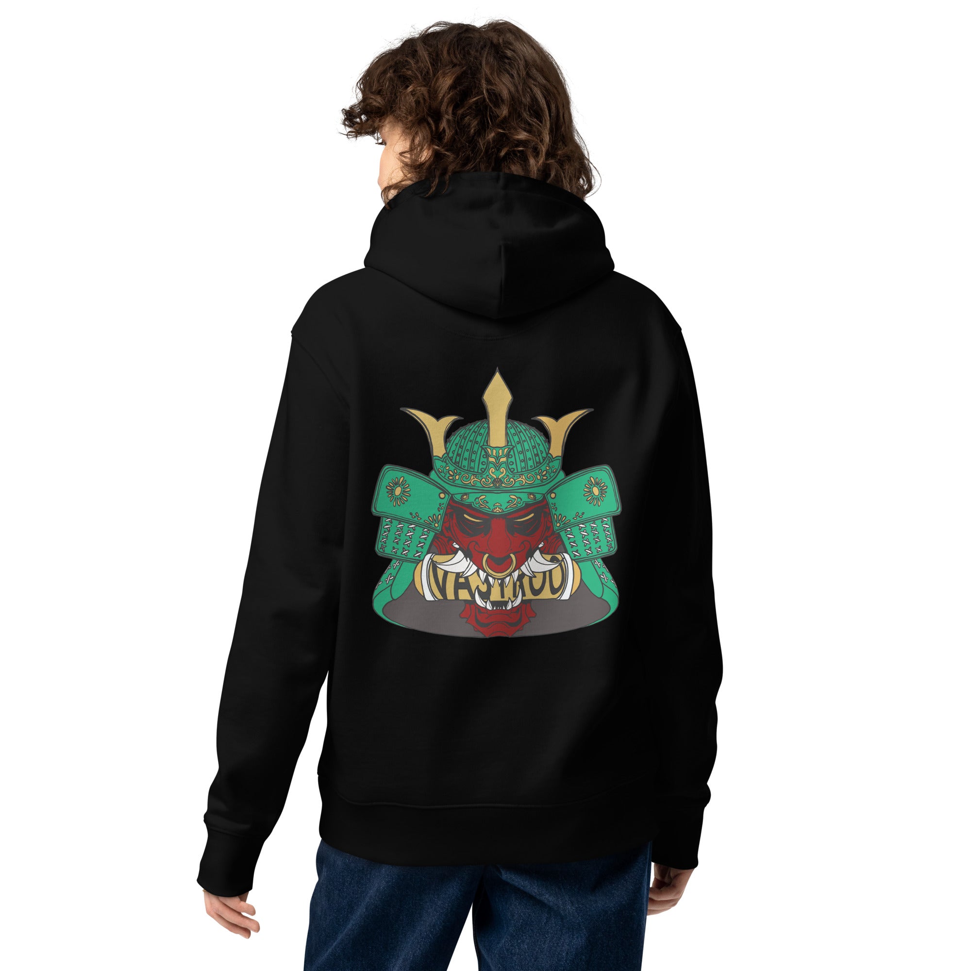Sweat à capuche noir écologique épais avec poche, kangourou, finition, premium design oni samouraï japonais