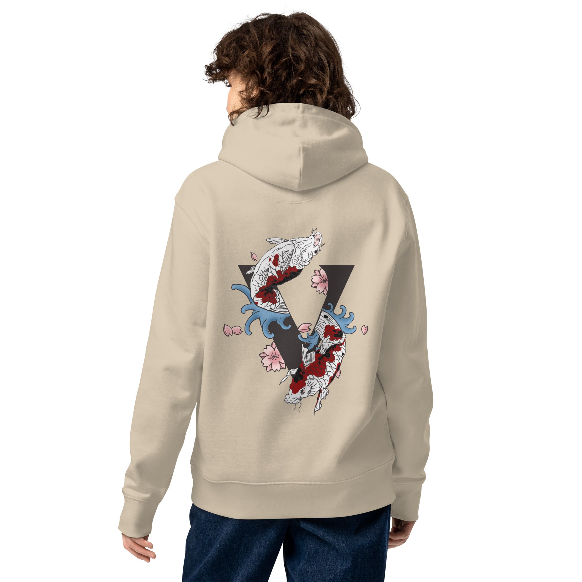 Sweat à capuche crème épais avec poche, kangourou, finition, premium design koi japonais