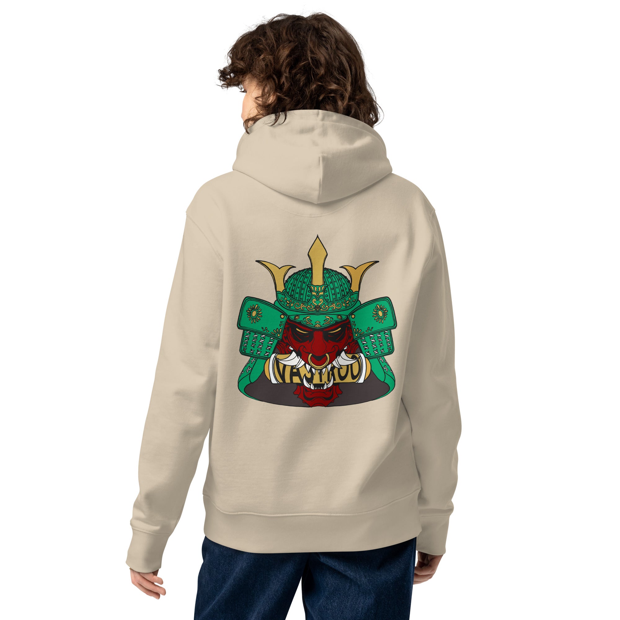 Sweat à capuche sable écologique épais avec poche, kangourou, finition, premium design oni samouraï japonais