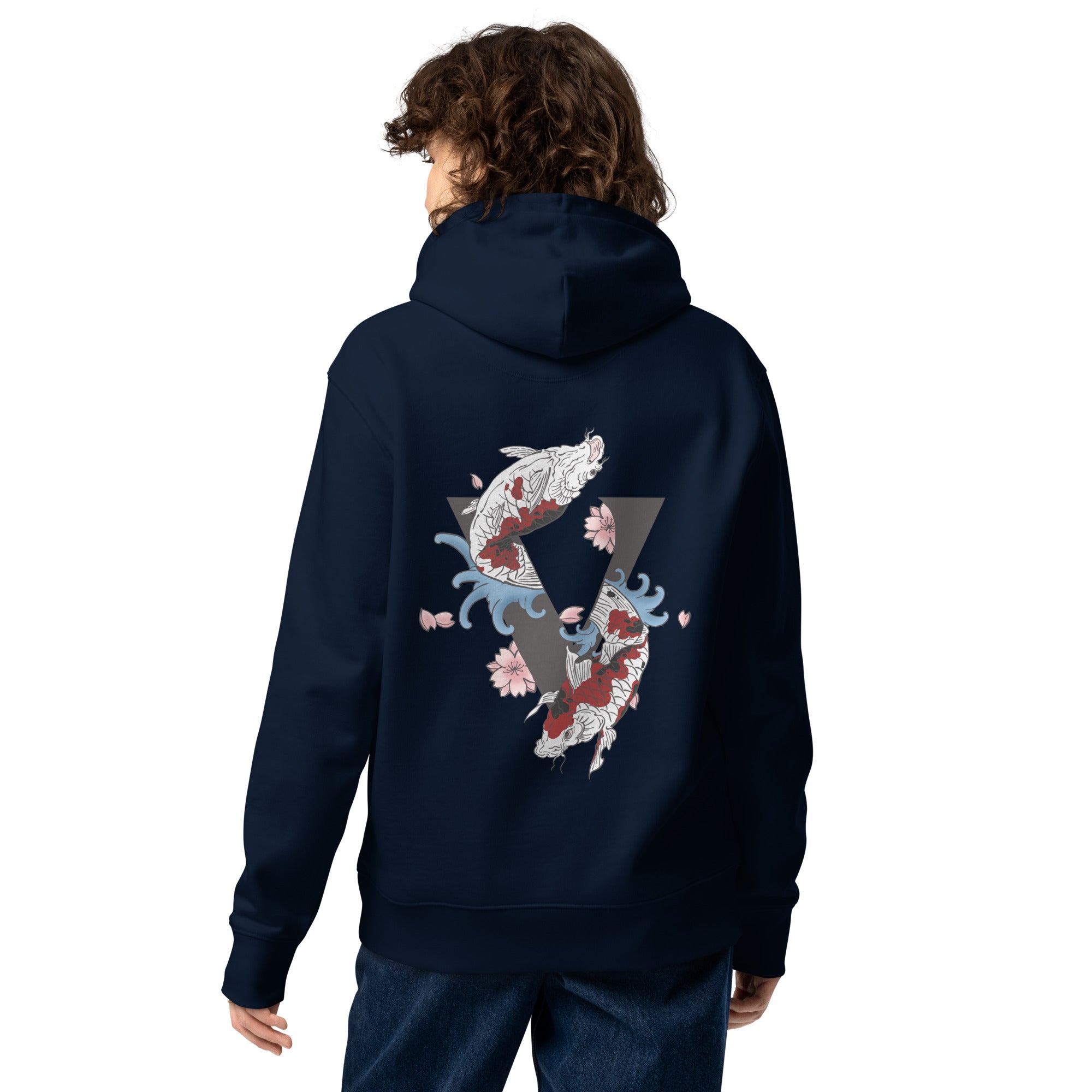 Sweat à capuche bleu marine épais avec poche, kangourou, finition, premium design koi japonais