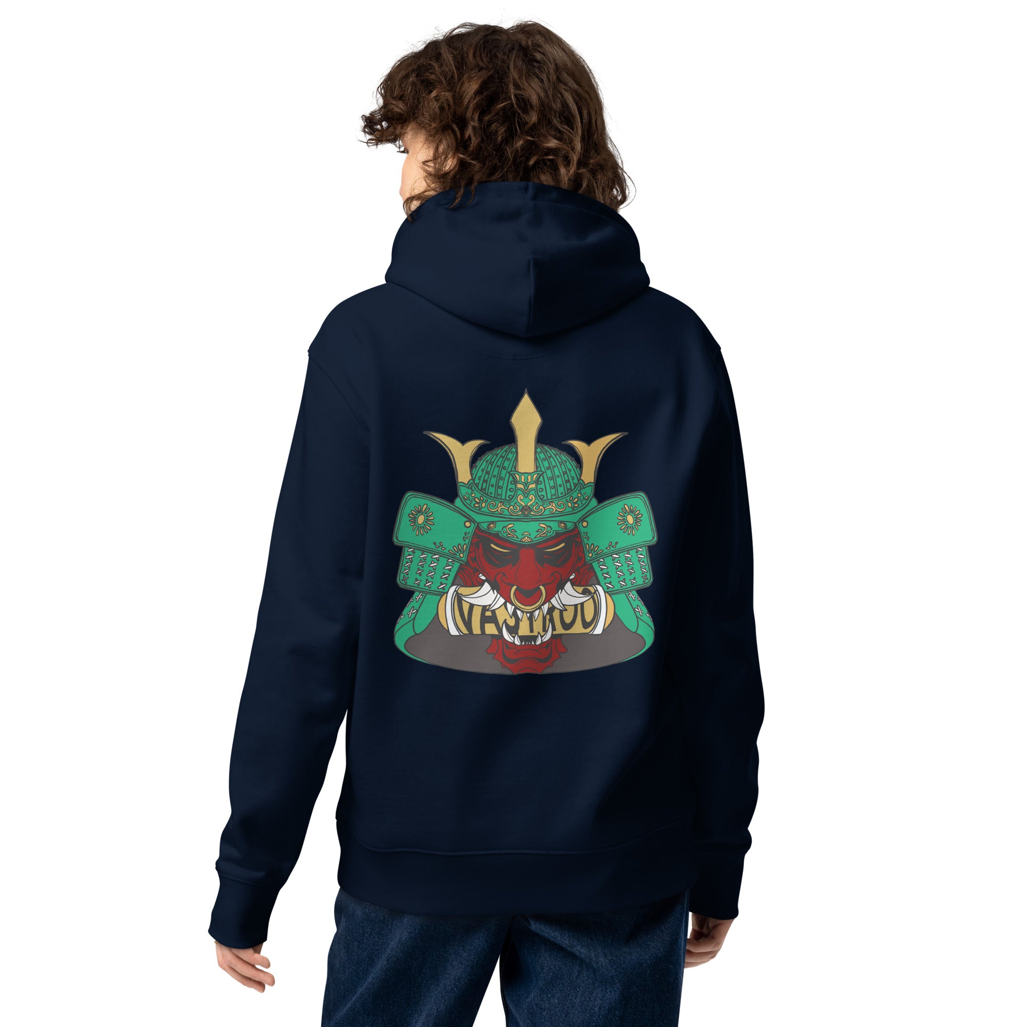 Sweat à capuche bleu marine écologique épais avec poche, kangourou, finition, premium design oni samouraï japonais