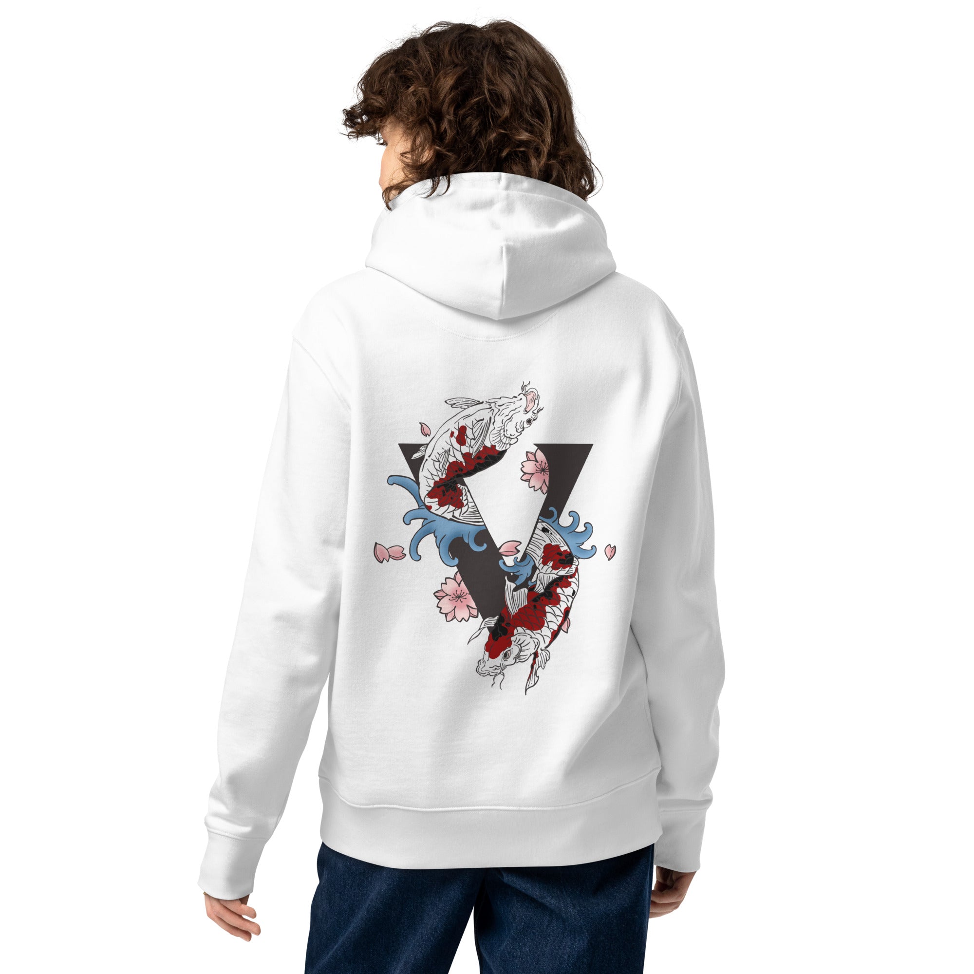 Sweat à capuche blanc épais avec poche, kangourou, finition, premium design koi japonais