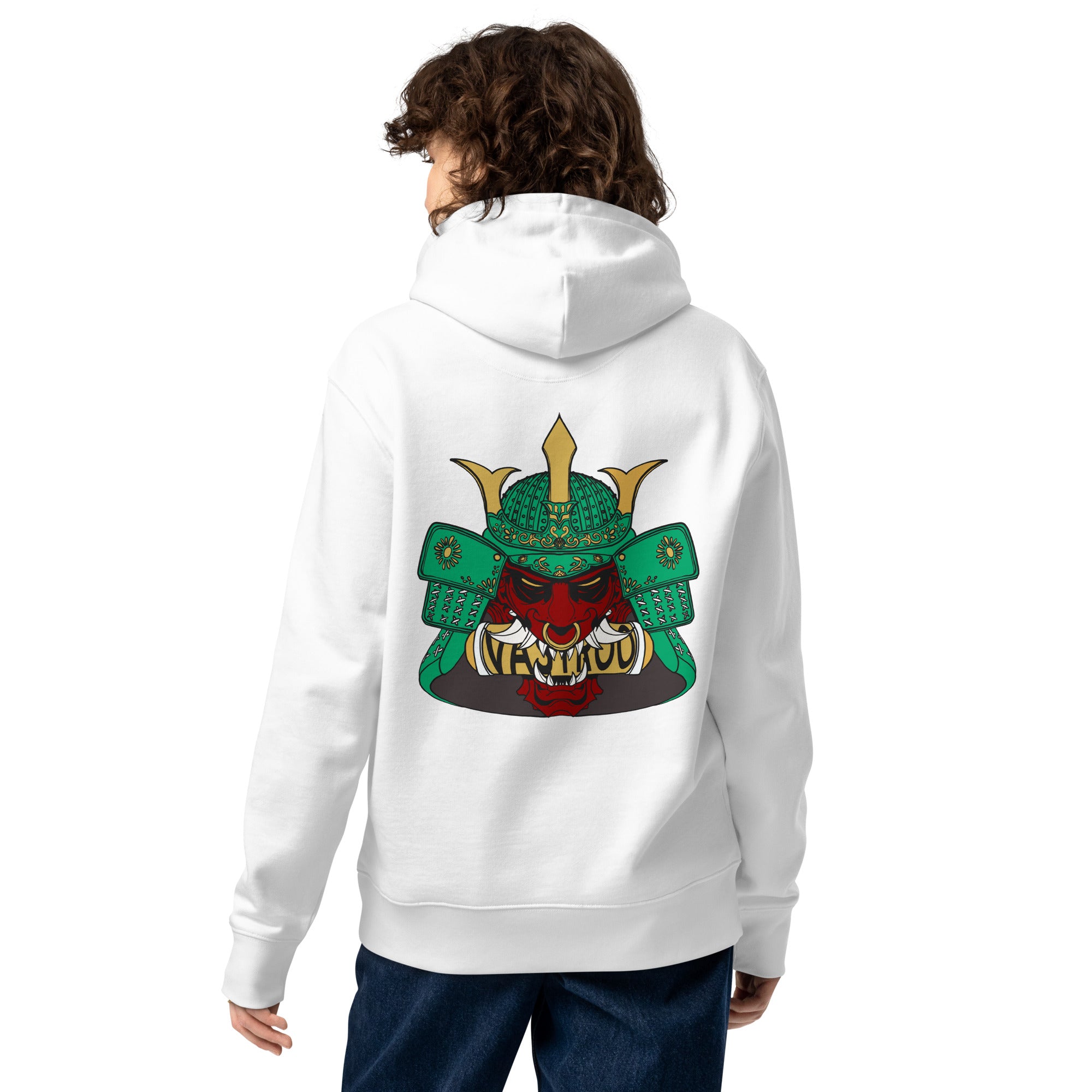 Sweat à capuche blanc écologique épais avec poche, kangourou, finition, premium design oni samouraï japonais