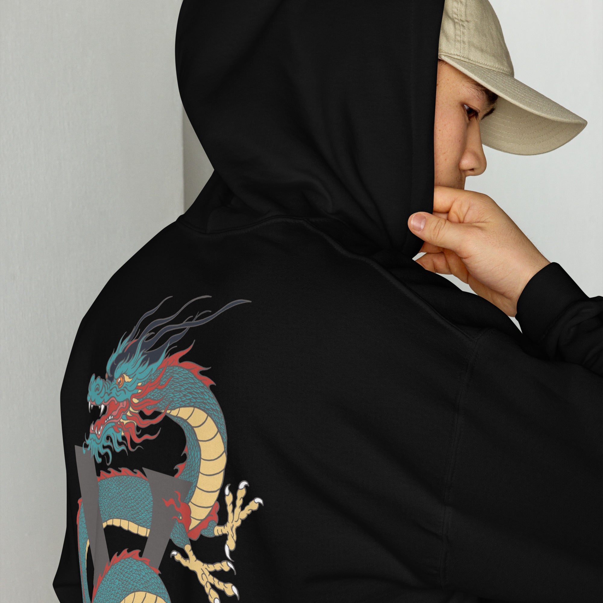Sweat, à capuche noir d’hiver avec poche, kangourou design, dragon japonais