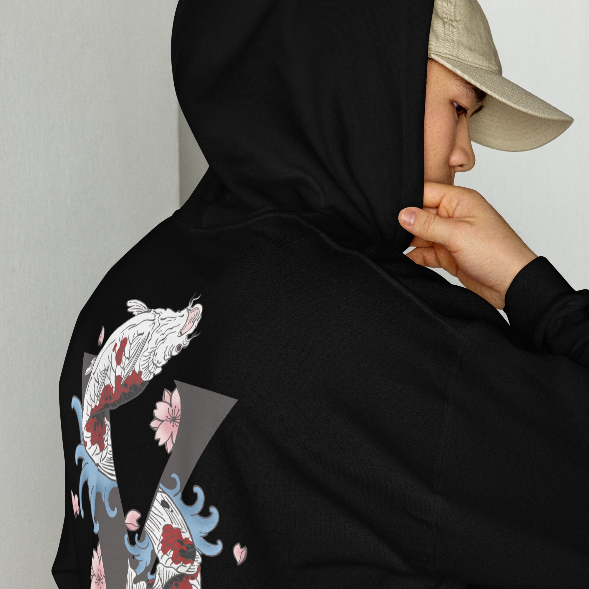 Sweat, à capuche noir d’hiver avec poche, kangourou design, Koi, japonais
