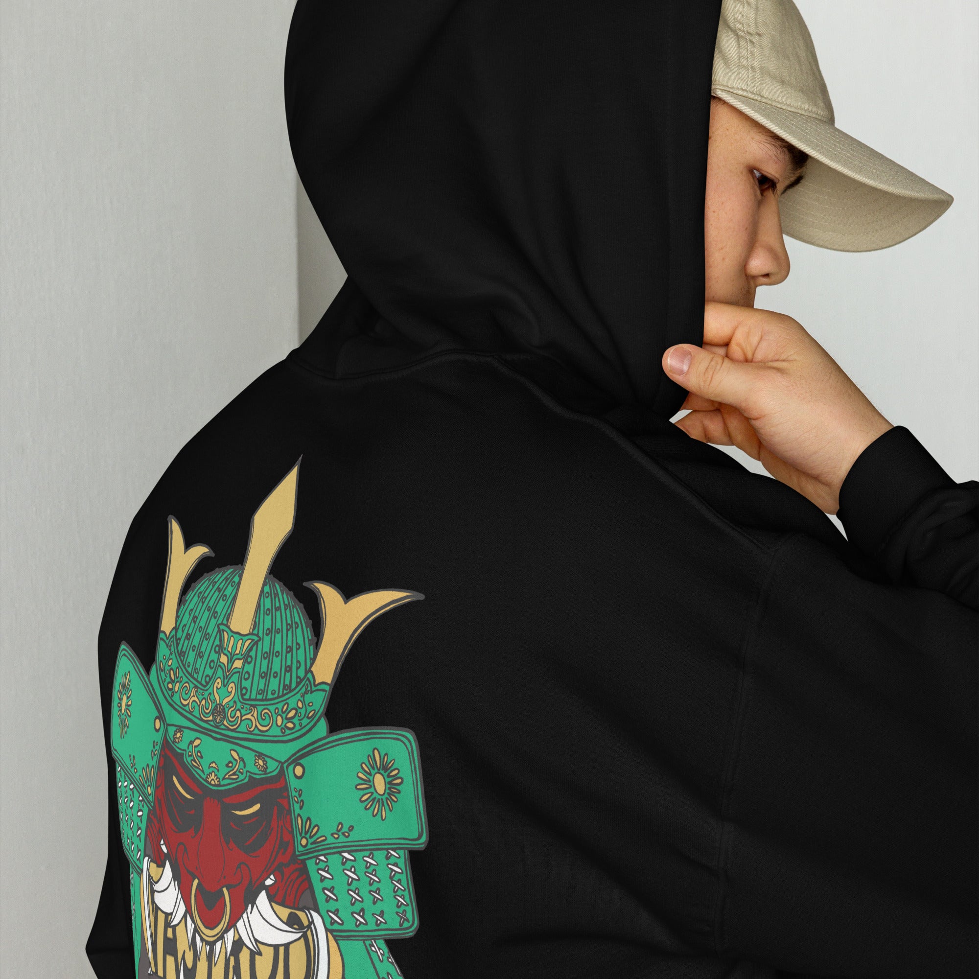 Sweat, à capuche noir d’hiver avec poche, kangourou design, oni samouraï , japonais