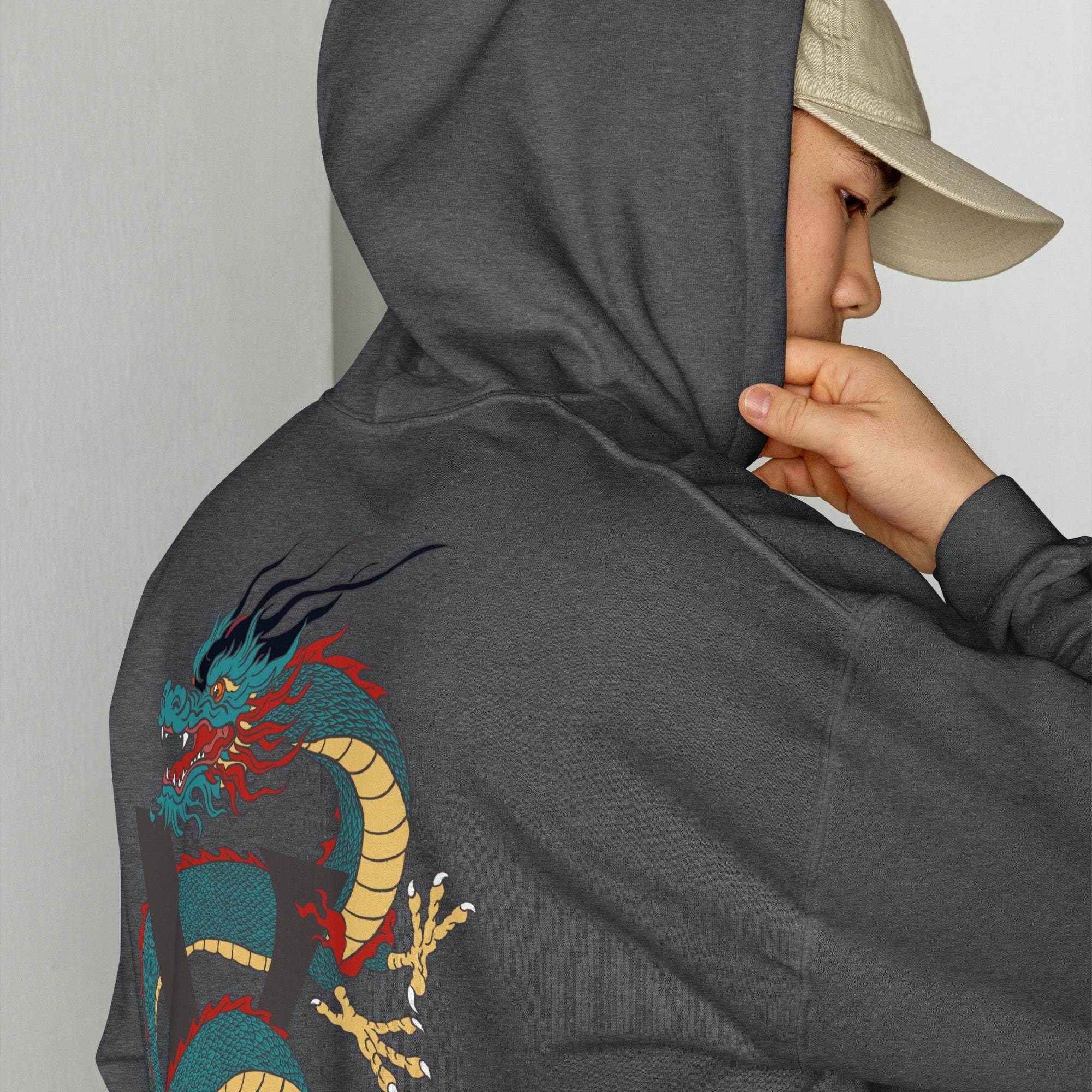 Sweat, à capuche gris foncé d’hiver avec poche, kangourou design, dragon japonais