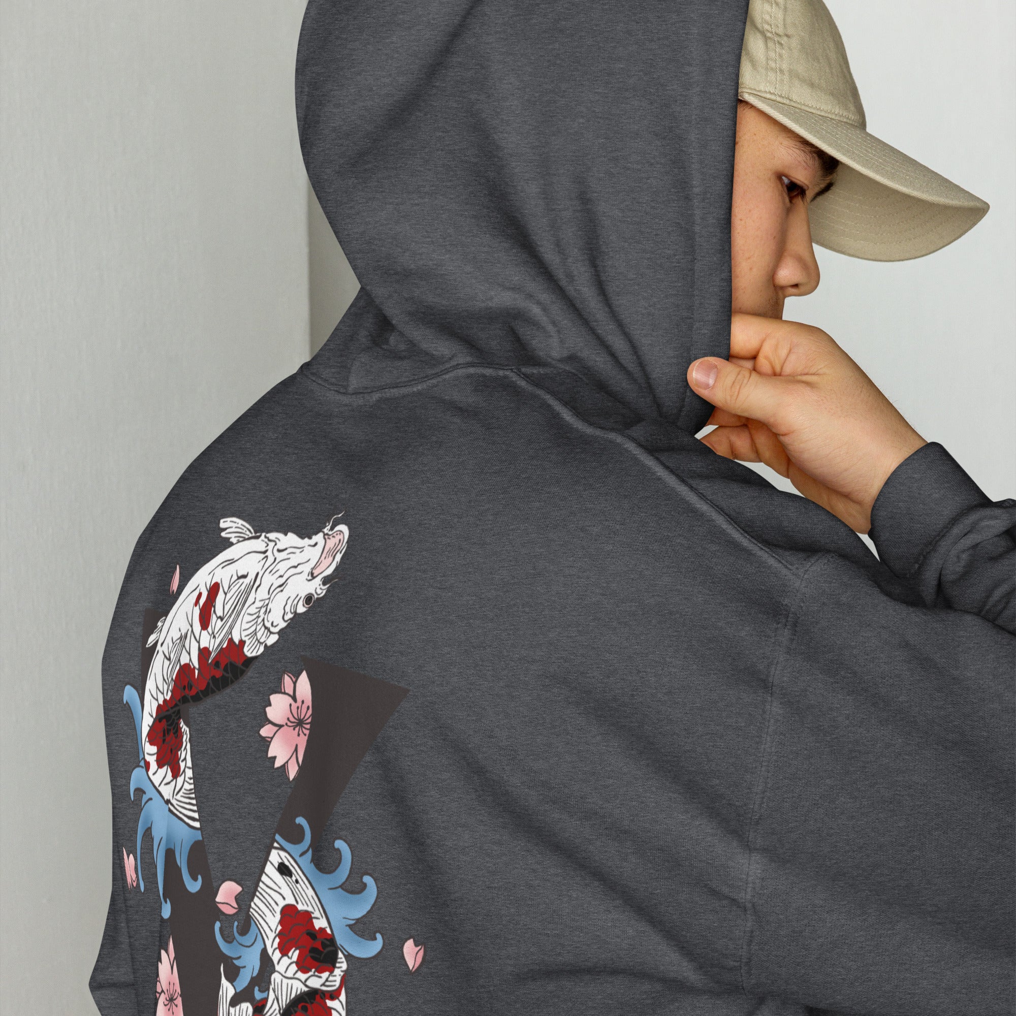 Sweat, à capuche gris foncé d’hiver avec poche, kangourou design, Koi, japonais