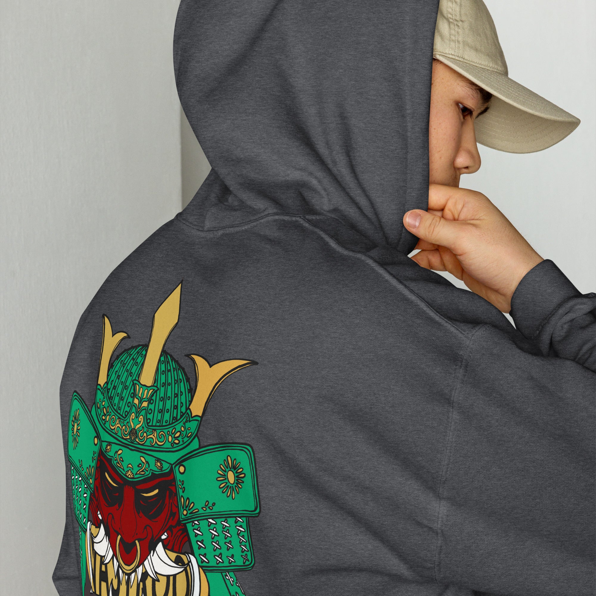 Sweat, à capuche gris d’hiver avec poche, kangourou design, oni samouraï , japonais