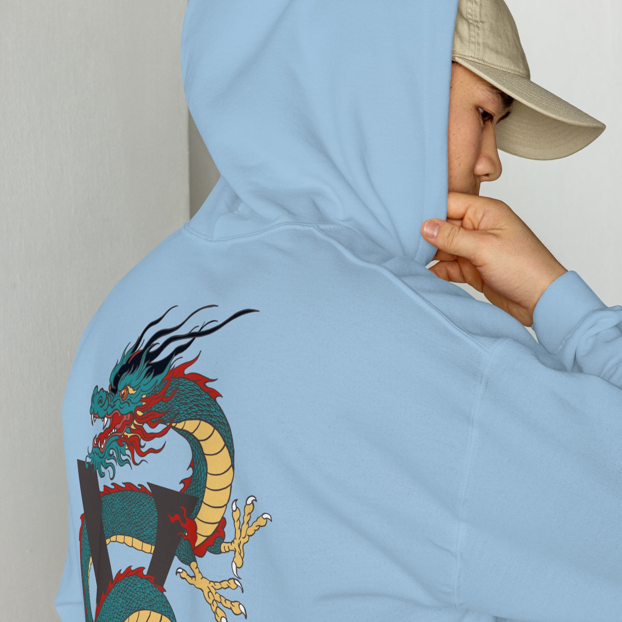 Sweat, à capuche bleu ciel d’hiver avec poche, kangourou design, dragon japonais