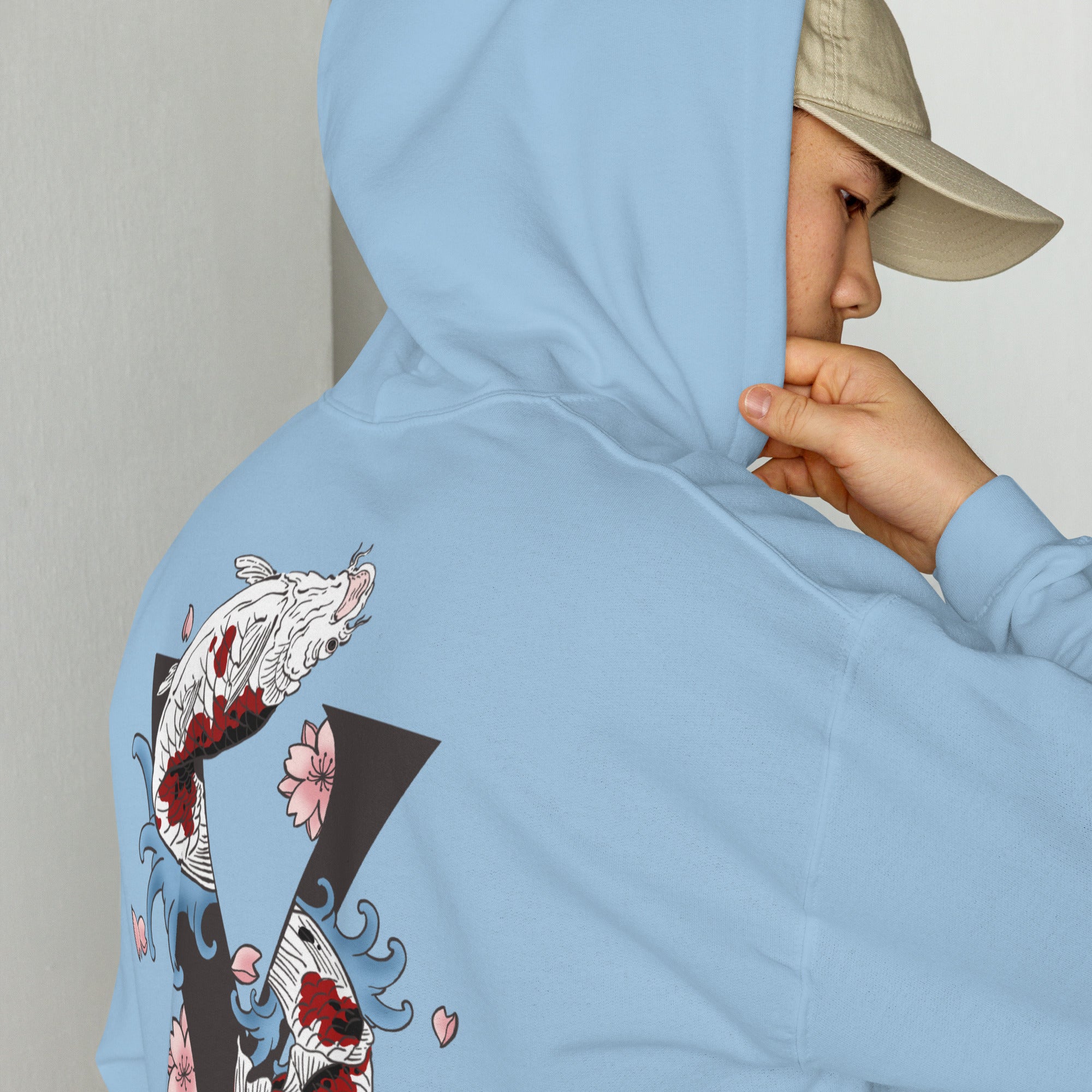 Sweat, à capuche bleu ciel d’hiver avec poche, kangourou design, Koi, japonais