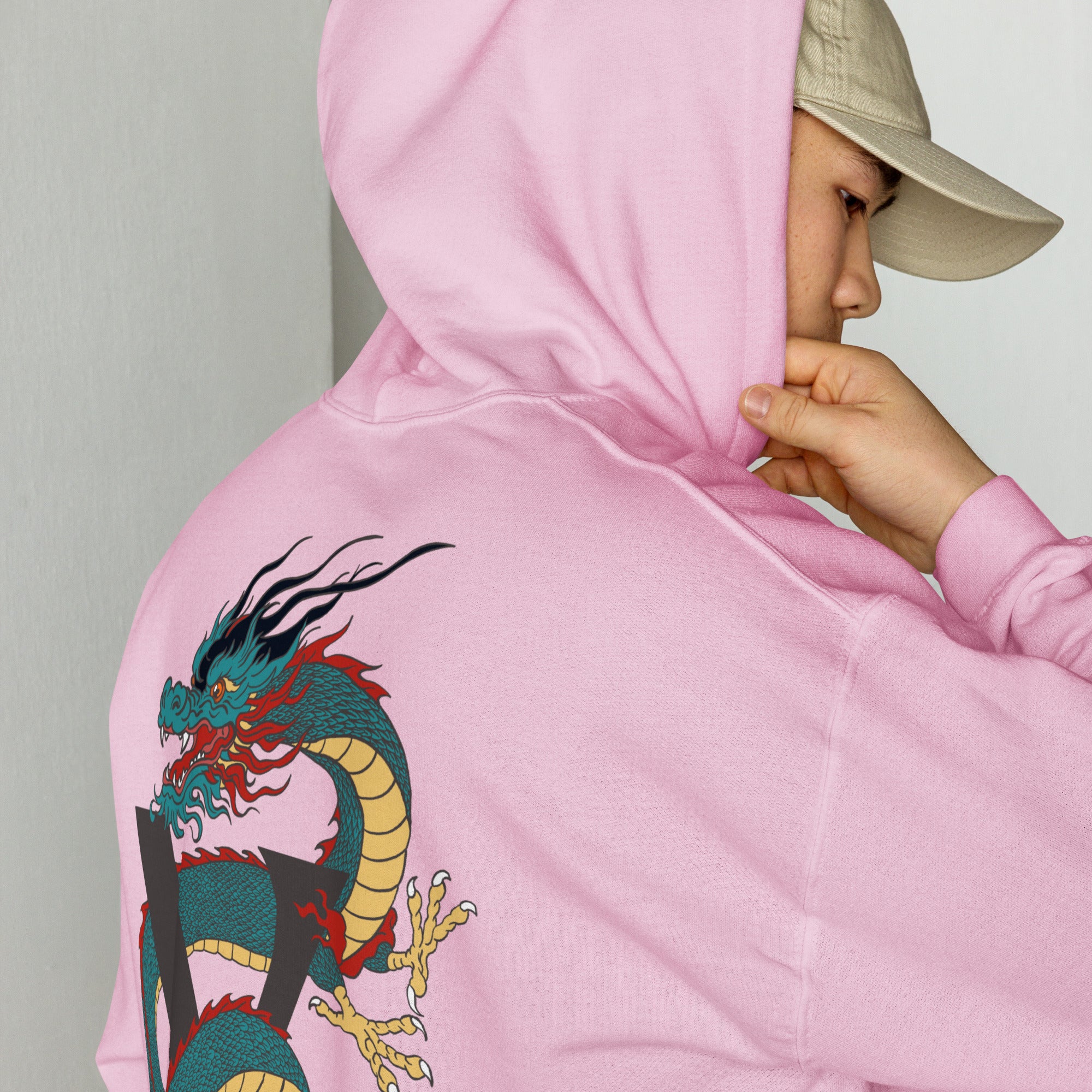 Sweat, à capuche rose pale d’hiver avec poche, kangourou design, dragon japonais