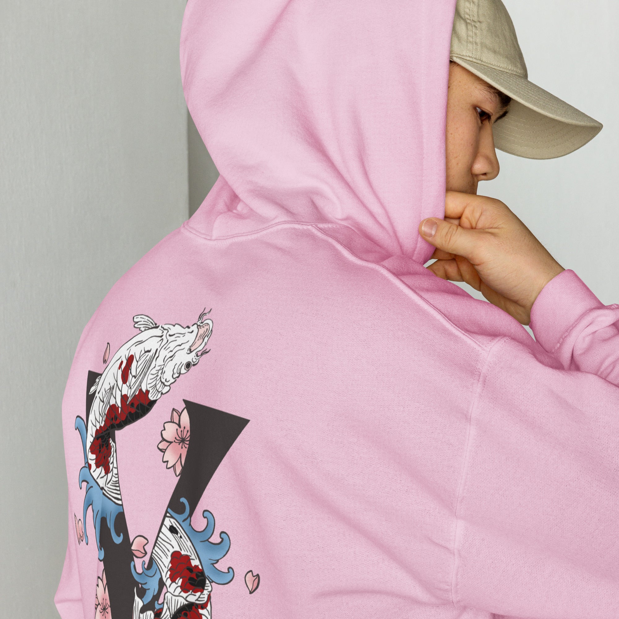 Sweat, à capuche rose pale d’hiver avec poche, kangourou design, Koi, japonais