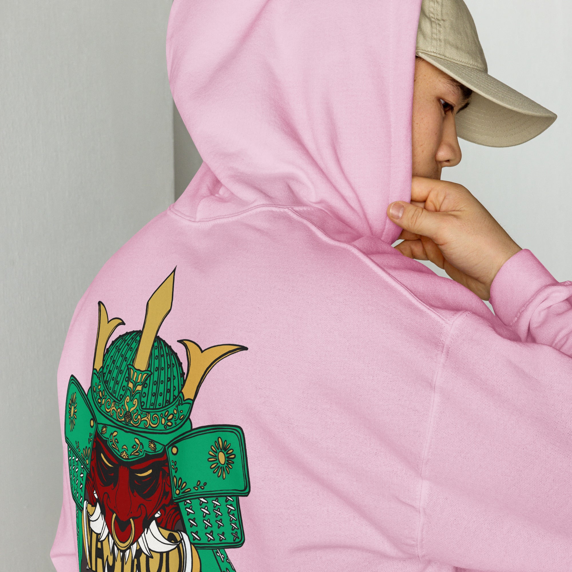 Sweat, à capuche rose clair d’hiver avec poche, kangourou design, oni samouraï , japonais