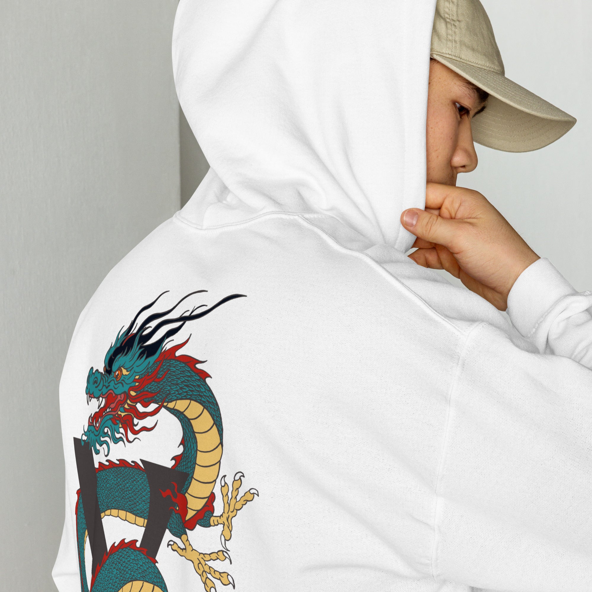 Sweat, à capuche blanc d’hiver avec poche, kangourou design, dragon japonais