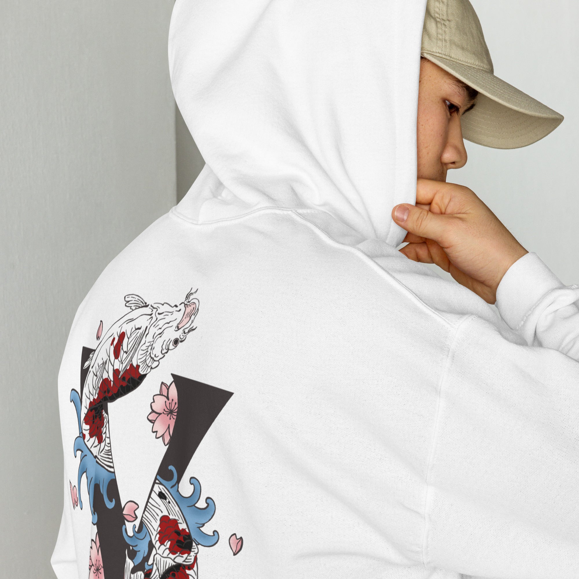 Sweat, à capuche blanc d’hiver avec poche, kangourou design, Koi, japonais