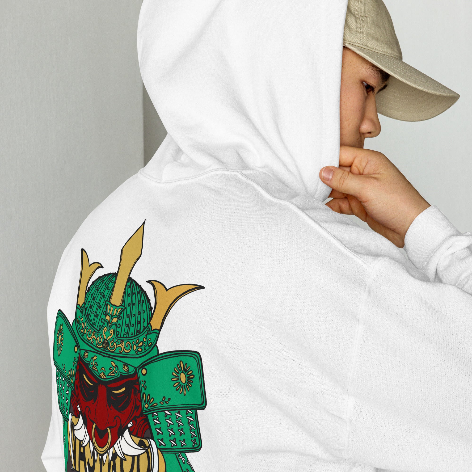 Sweat, à capuche blanc d’hiver avec poche, kangourou design, oni samouraï , japonais