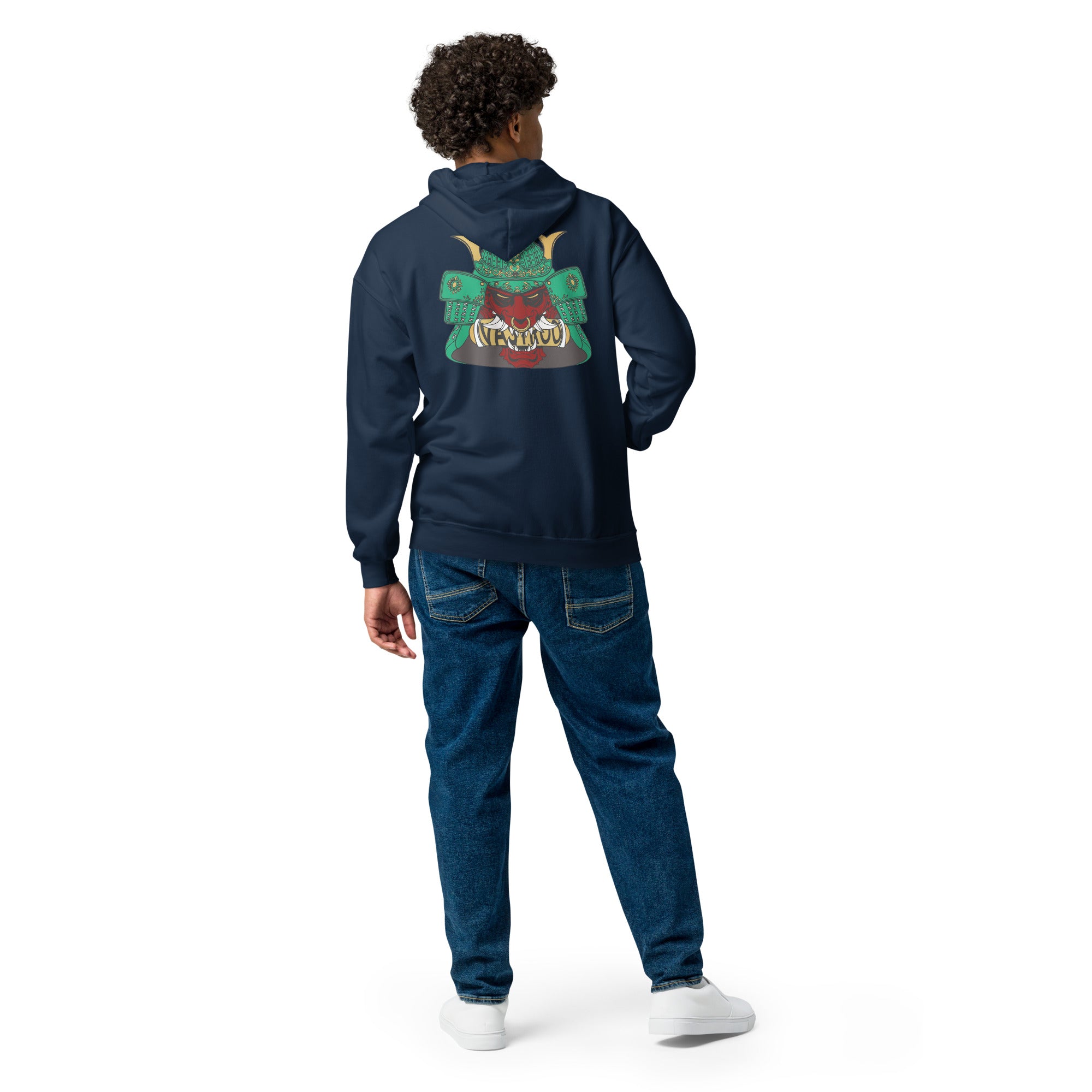 Sweet à capuche bleu marine avec fermeture éclair, design, oni samouraï japonais