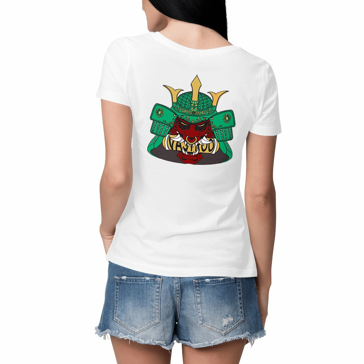 T-shirt blanc, femme, made in France, design oni samouraï japonais