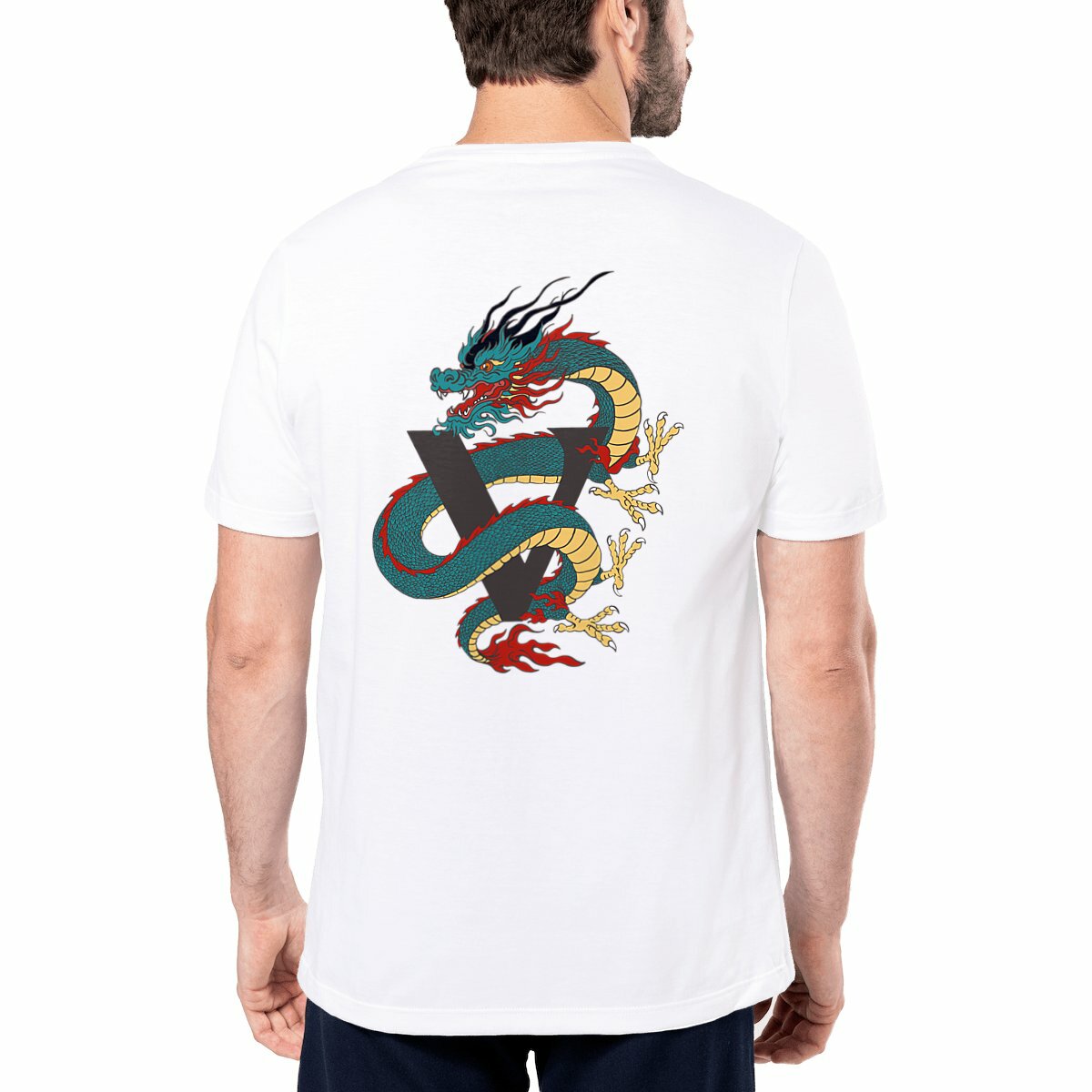 T-shirt blanc homme, made in France avec design dragon japonais