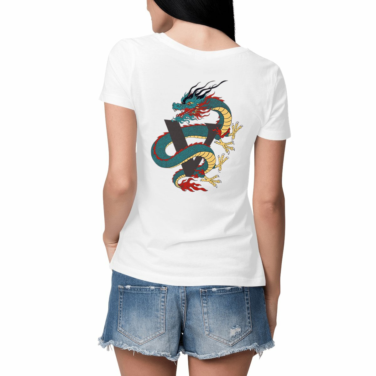 T-shirt blanc, femme, made in France, design dragon japonais