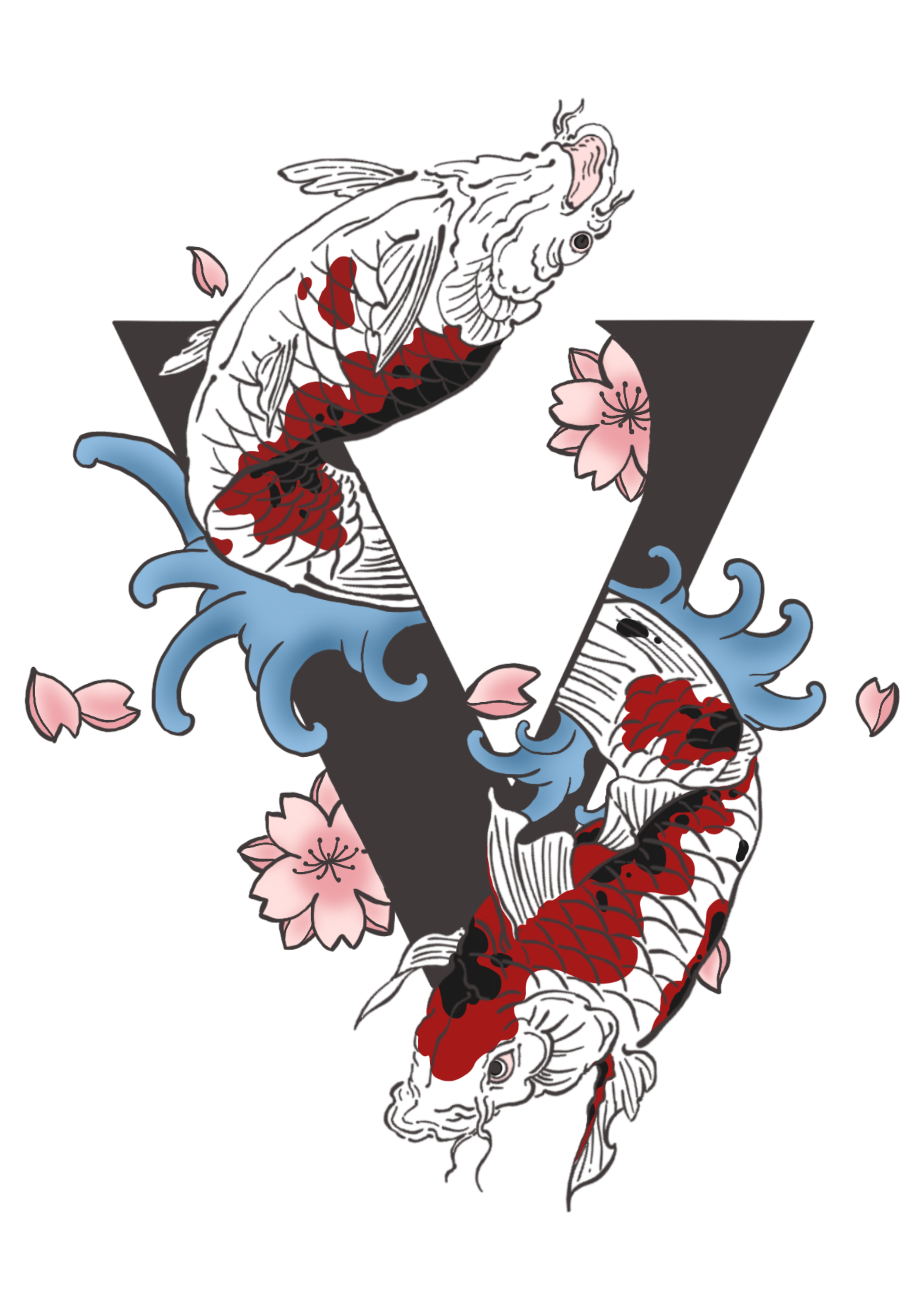Logo Vastroo, marque française de mode écoresponsable : deux carpes koï japonaises entourant la lettre V noire, décorées de fleurs de cerisier et de vagues, symbole d’une mode streetwear unique et durable.