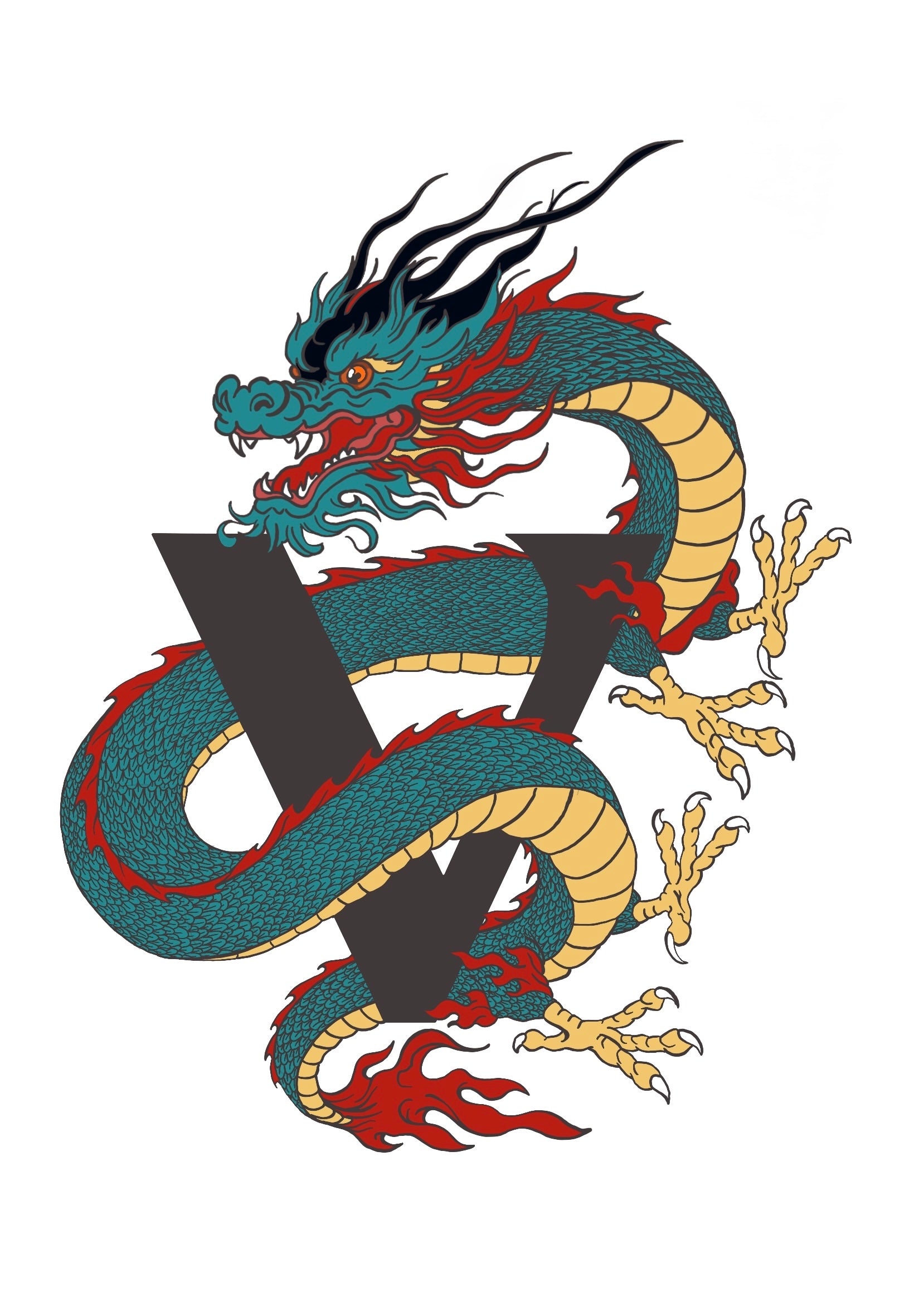 Logo Vastroo, marque française de vêtements écoresponsables : dragon asiatique bleu et rouge entourant la lettre V, symbole de mode streetwear unique et durable. 
