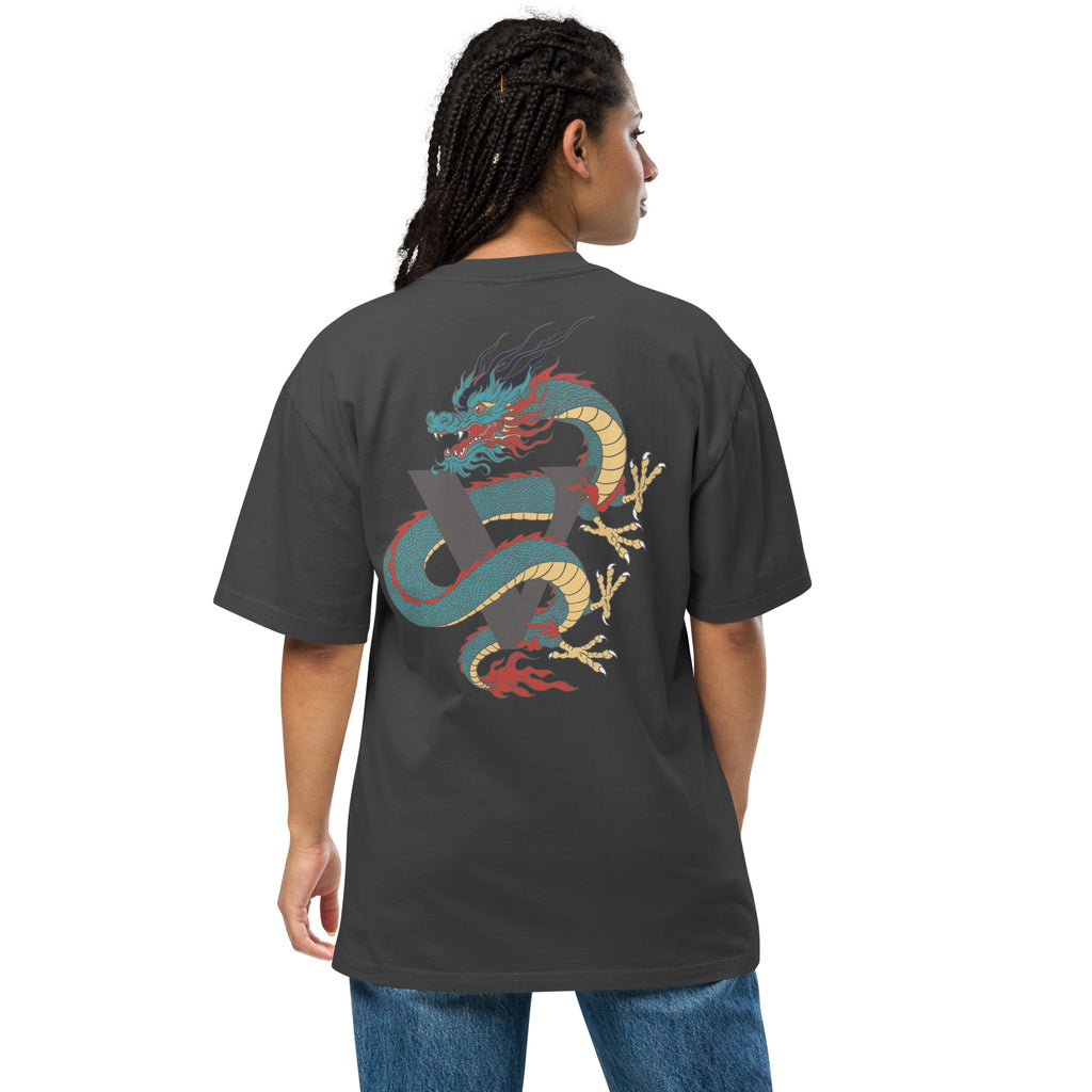 T-shirt over size noir, avec design dragon, Japon