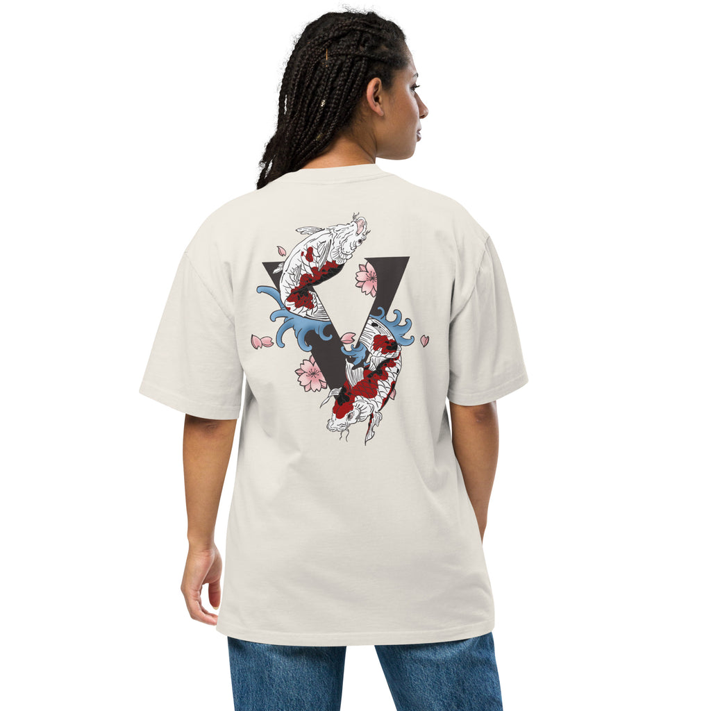 T-shirt over size blanc craie, avec design Koi, Japon