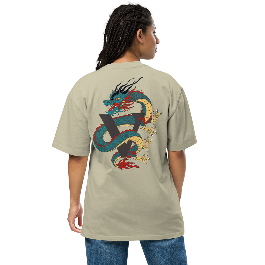 T-shirt over size eucalyptus, avec design dragon, Japon