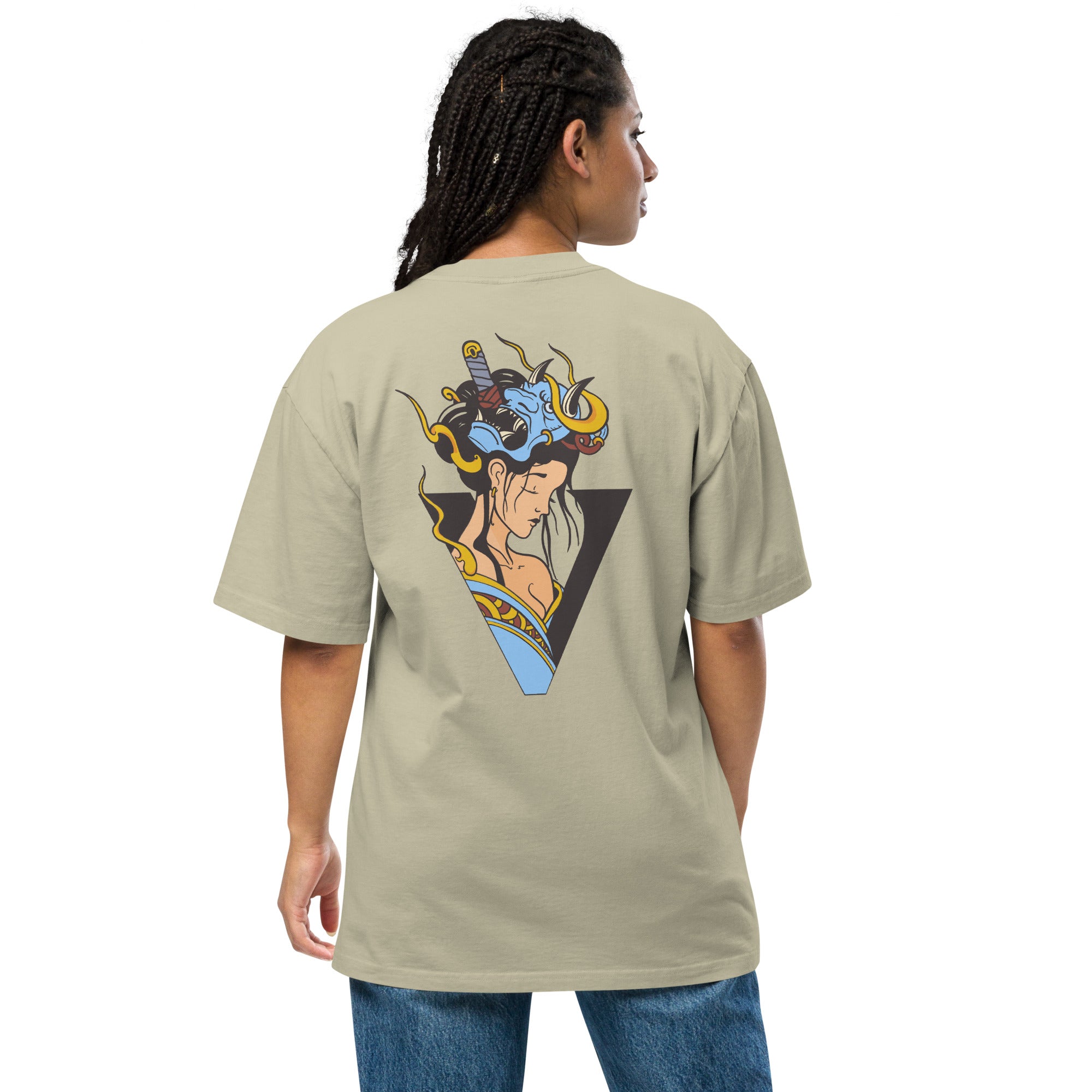 T-shirt oversize eucalyptus, design geisha japonais 