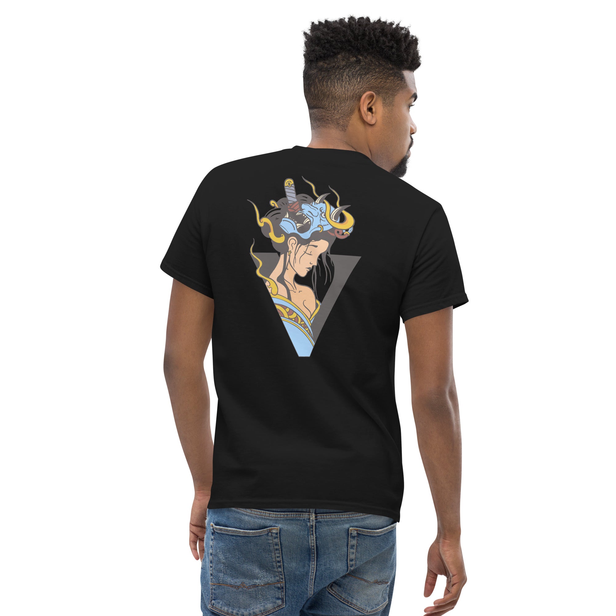 T-shirt noir, coupe standard unisex, design geisha japonais 