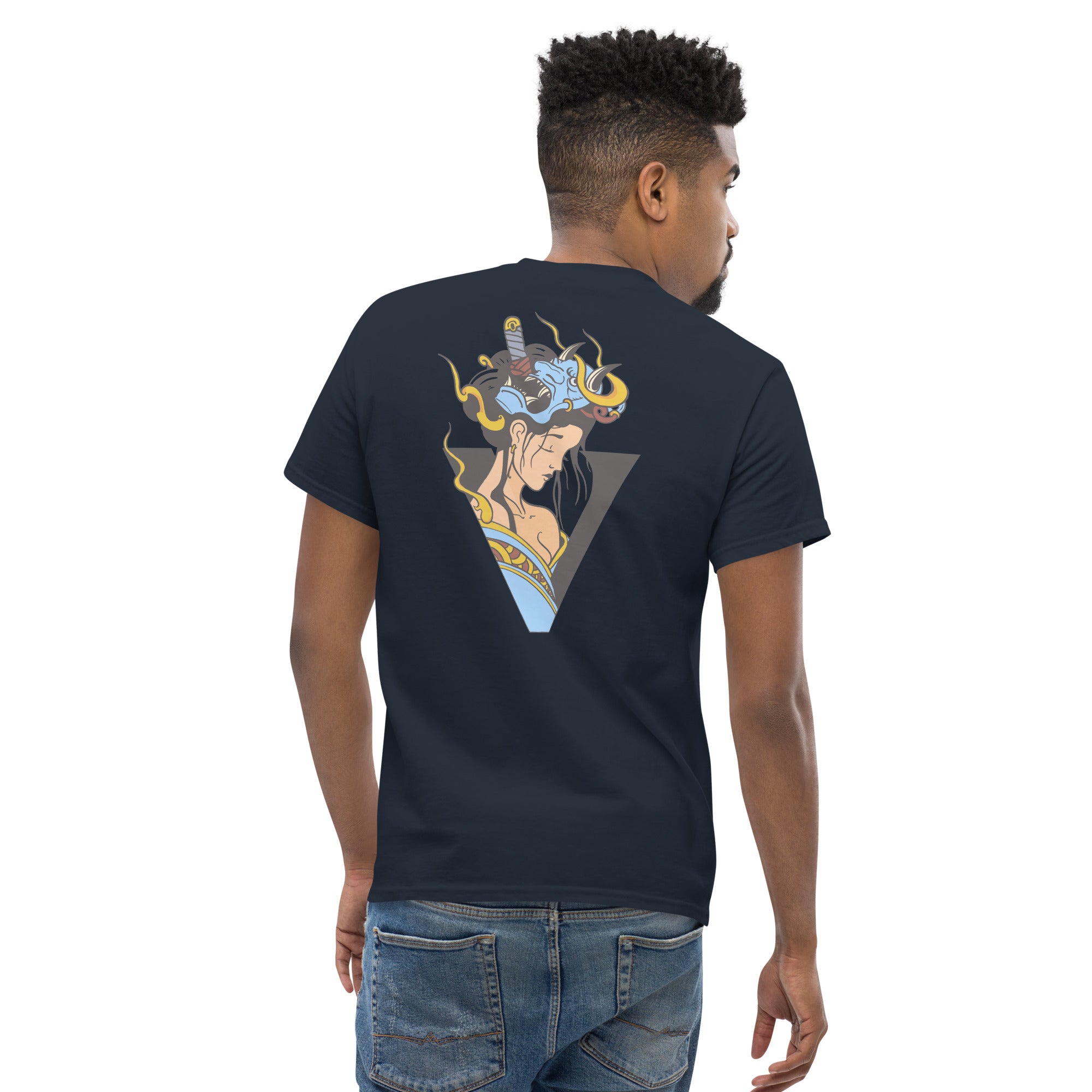 T-shirt bleu marine, coupe standard unisex, design geisha japonais 