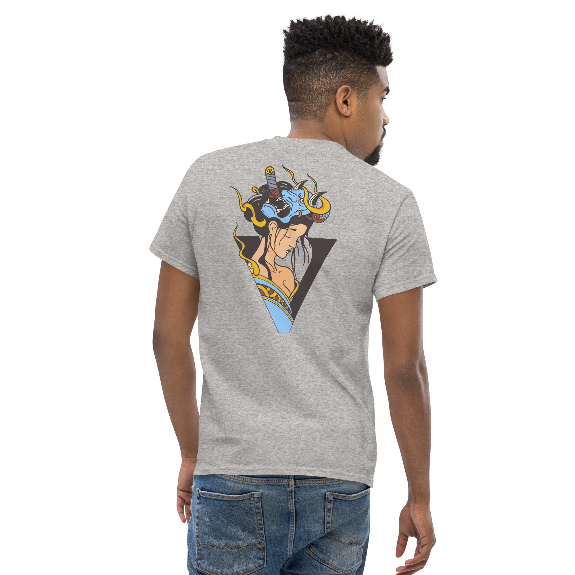 T-shirt bleu gris, coupe standard unisex, design geisha japonais 