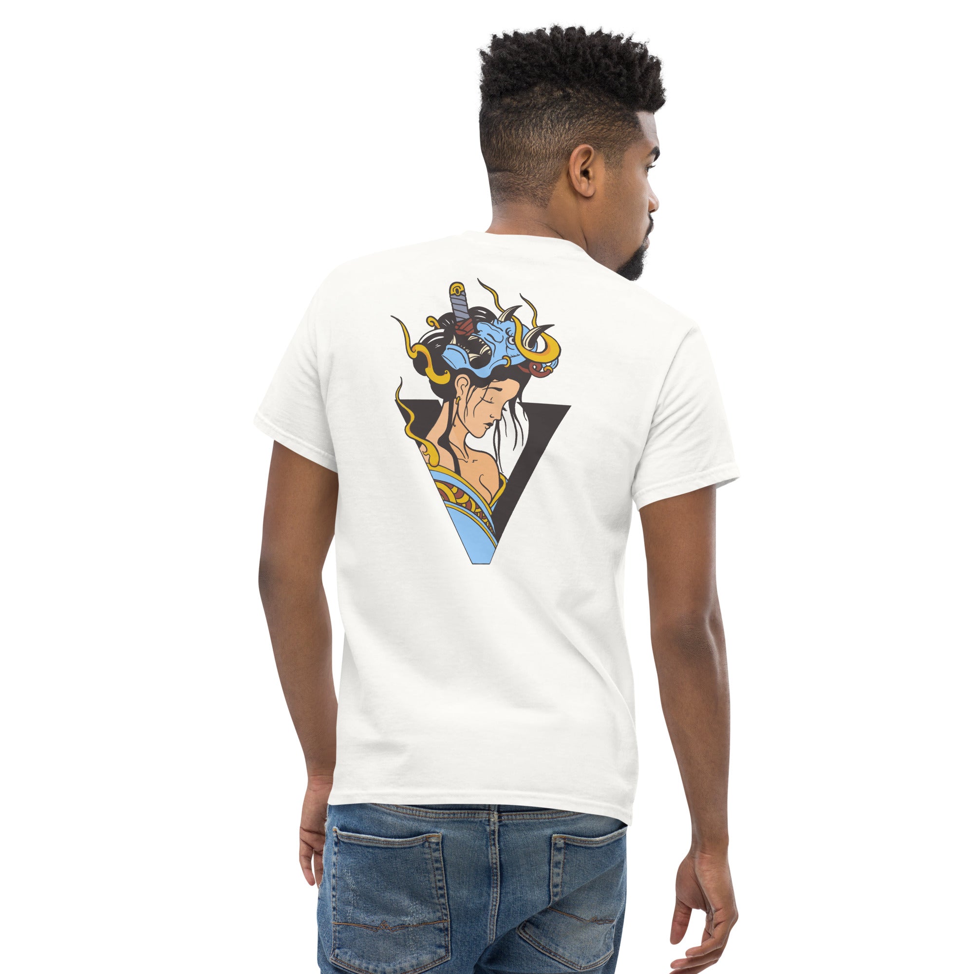 T-shirt bleu blanc, coupe standard unisex, design geisha japonais 